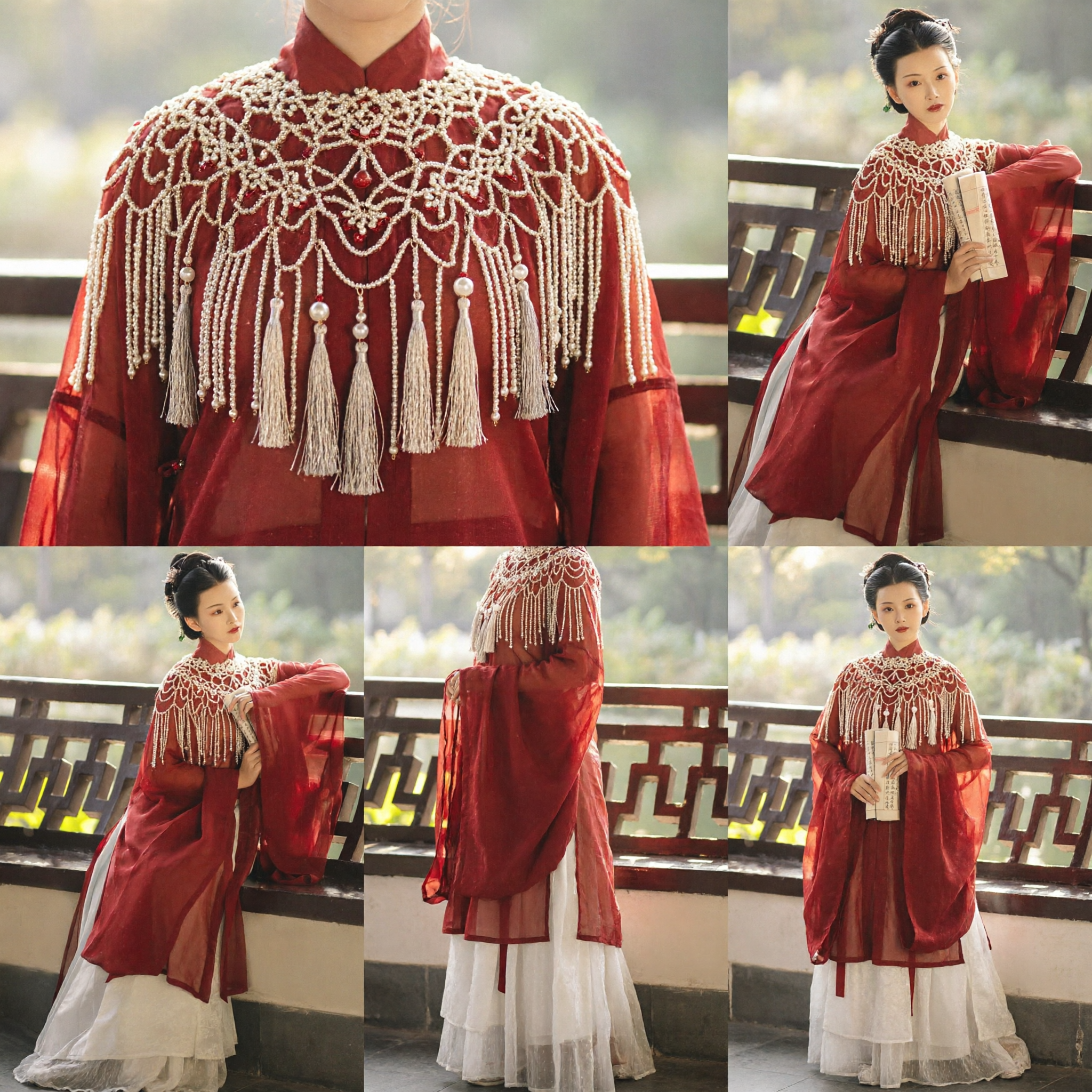 Traditional Chinese Hanfu Red Robe with Pearl Beaded Cloud Shoulder Ancient Costume for Women - Asian Costume