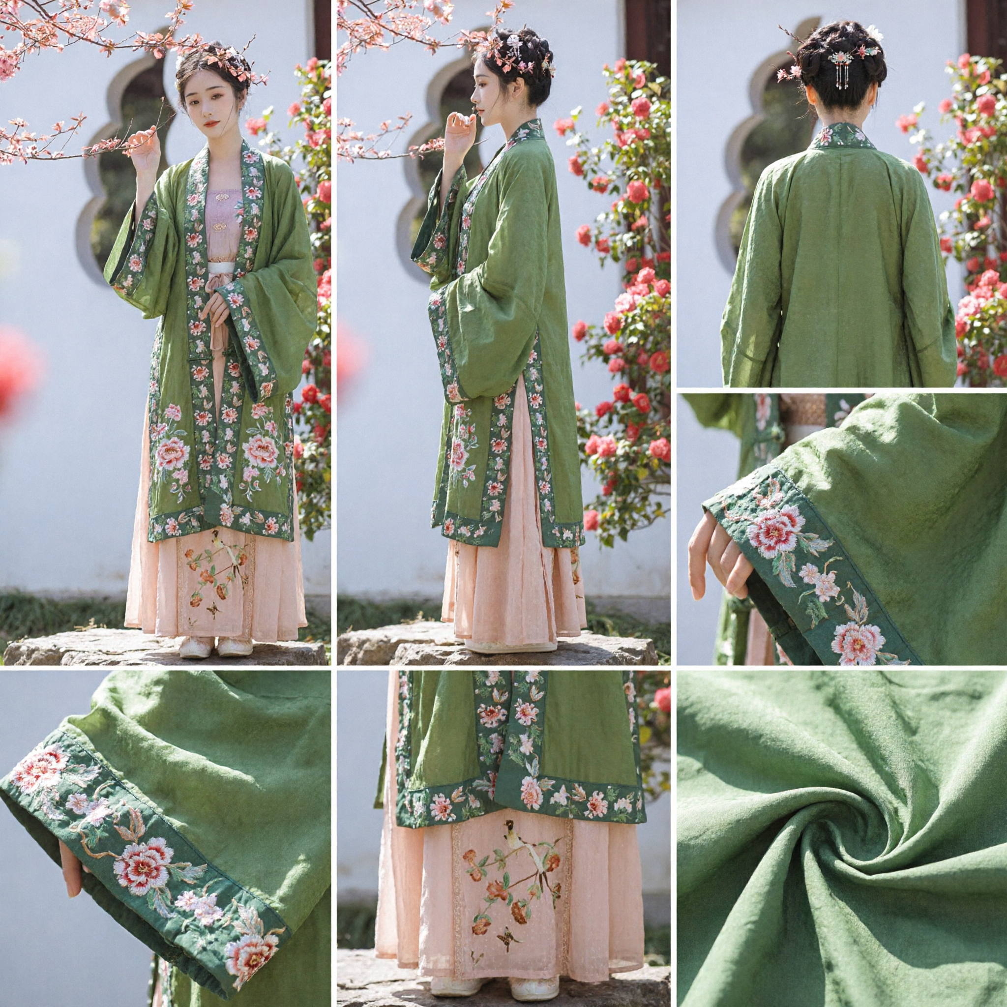 Elegant Green Floral Embroidery Hanfu Set Chinese Traditional Clothing Song Dynasty Style Cosplay Costume for Women - Asian Costume