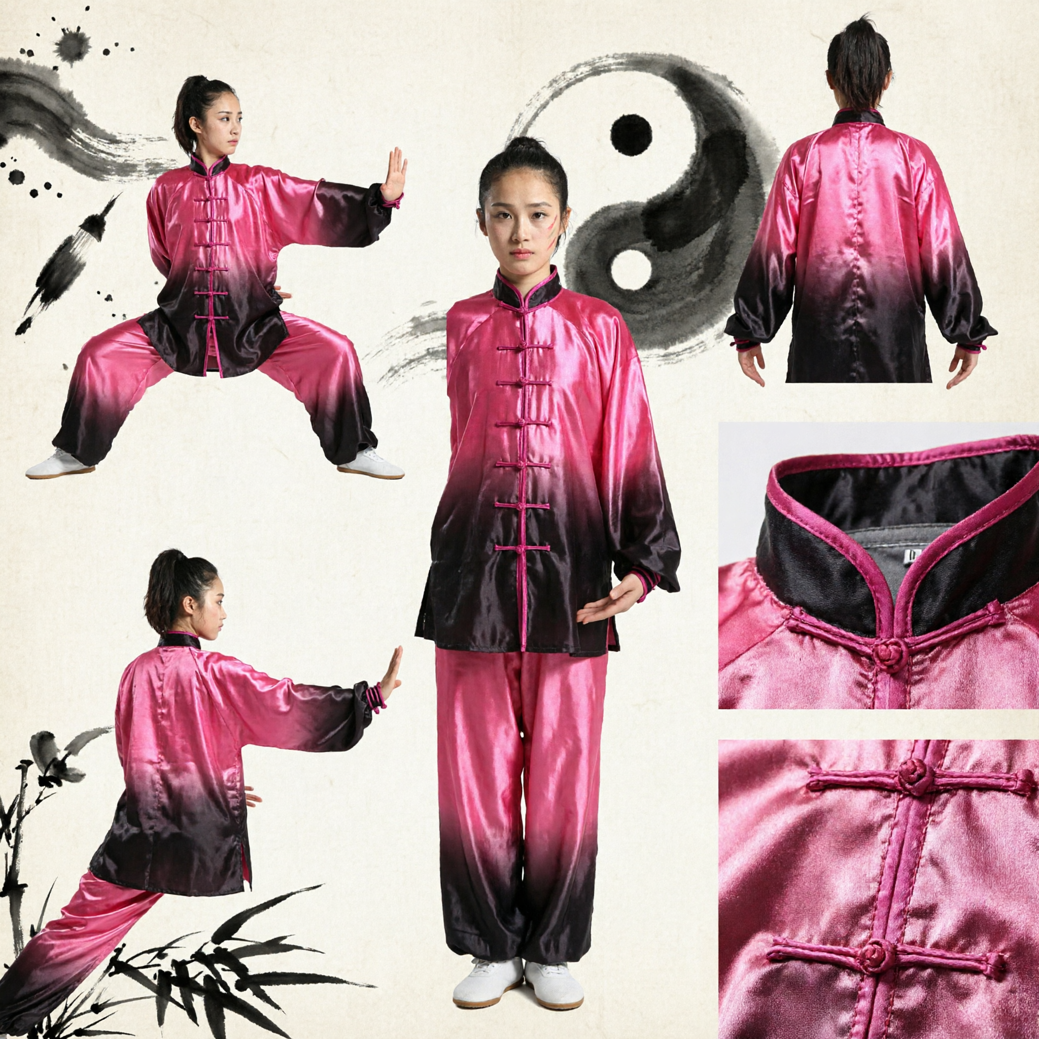 Women's Pink Gradient Silk Tai Chi Uniform Traditional Kung Fu Wushu Martial Arts Clothing Set - Asian Costume