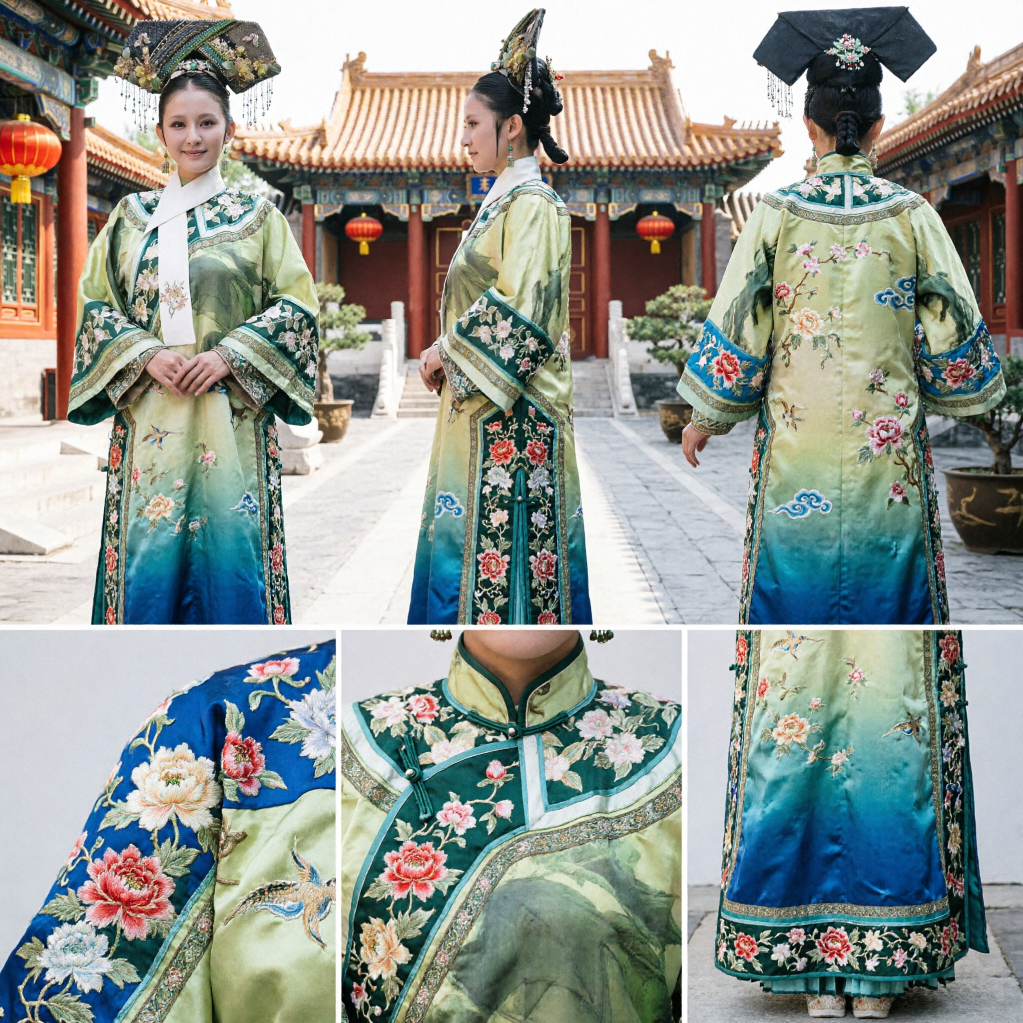 Traditional Qing Dynasty Manchu Princess Costume Green Embroidered Robe and Headpiece Set for Ancient Chinese Palace Cosplay - Asian Costume