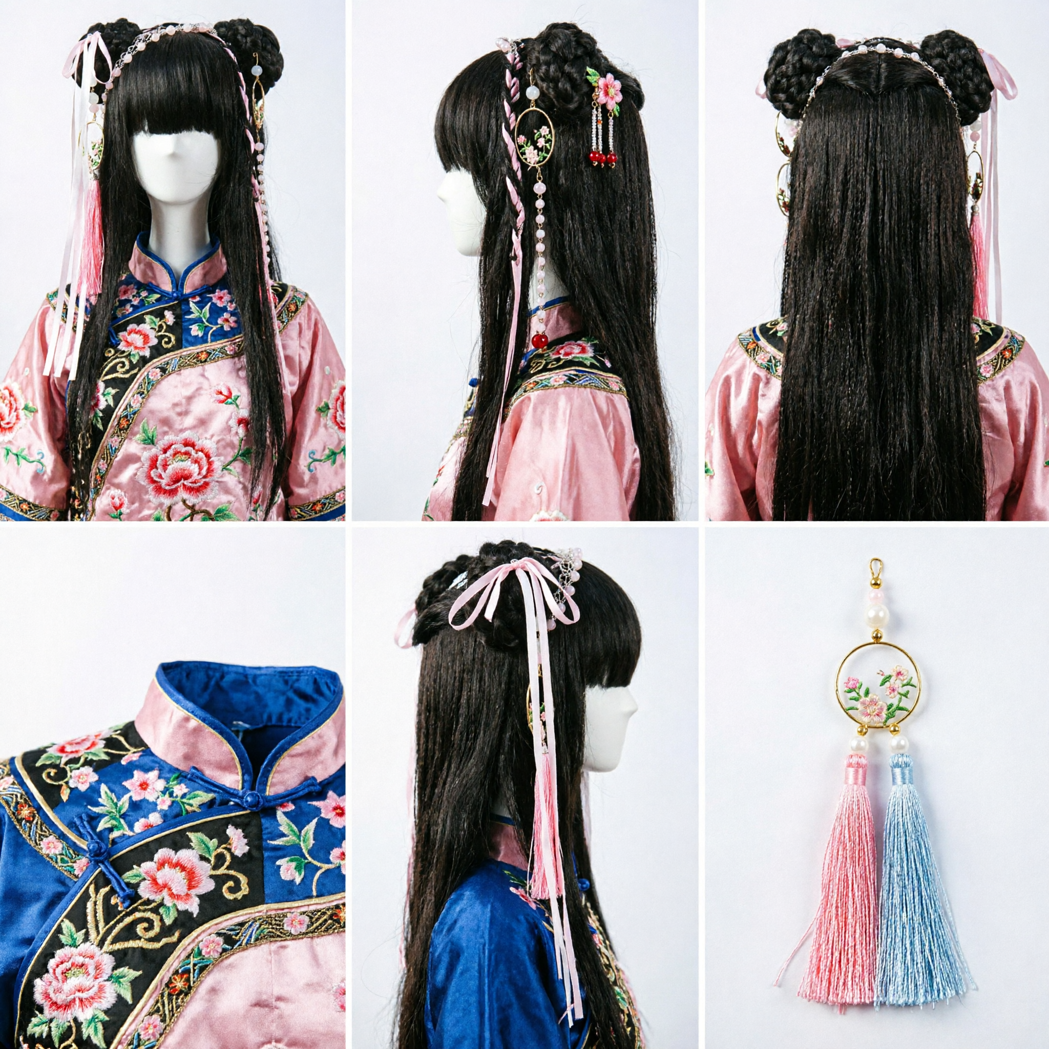Ancient Chinese Hanfu Wig with Braided Buns and Beaded Hair Accessories for Cosplay Princess Costume - Asian Costume