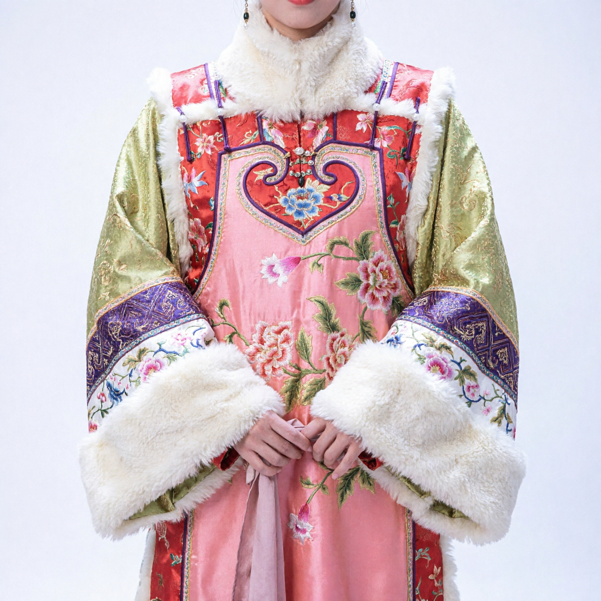 Traditional Chinese Qing Dynasty Princess Costume Pink Embroidered Manchu Robe with Fur Trim and Headdress Set - Asian Costume