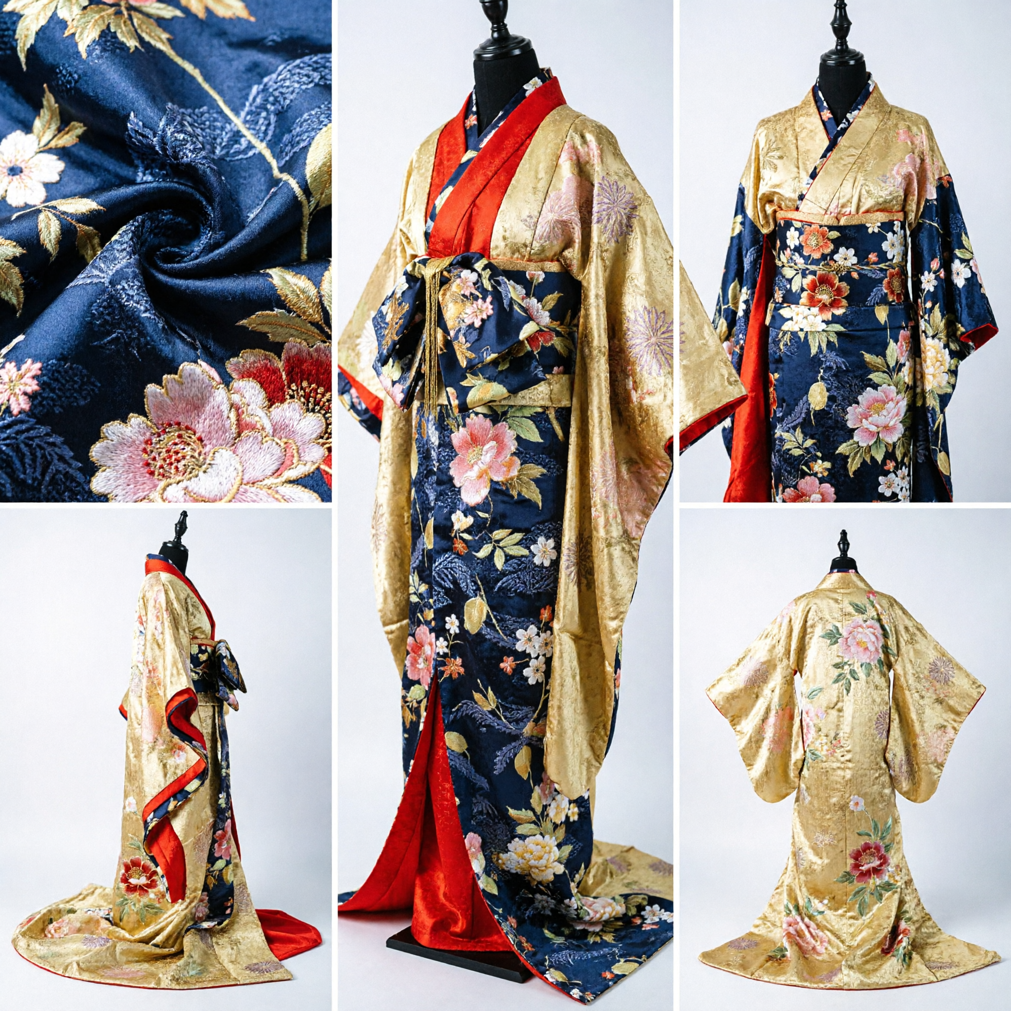 Elegant Japanese Gold Brocade Kimono Costume with Floral Obi Sash for Traditional Wedding or Cosplay Event - Asian Costume