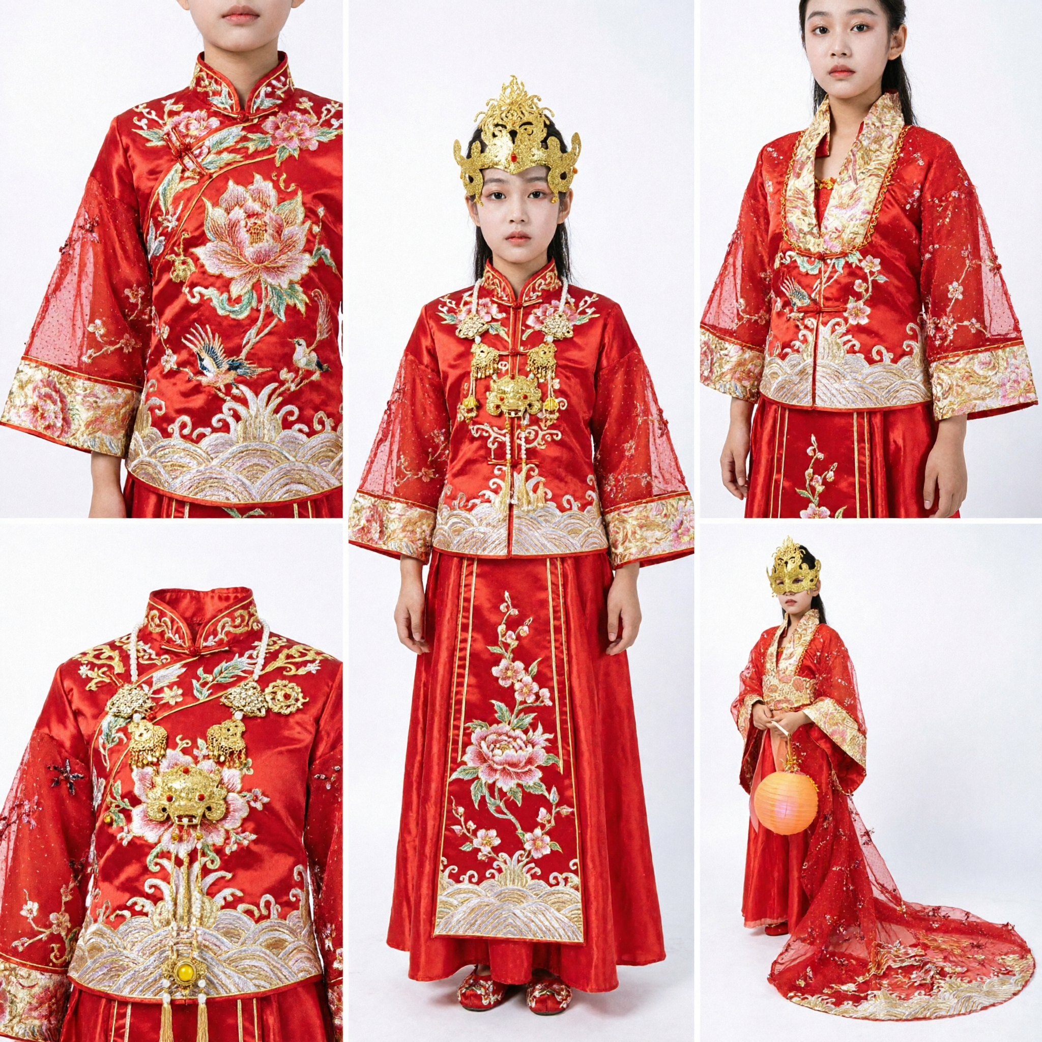 Traditional Chinese Red Hanfu Costume for Girls with Gold Mask and Lantern for New Year Festival Performance - Asian Costume