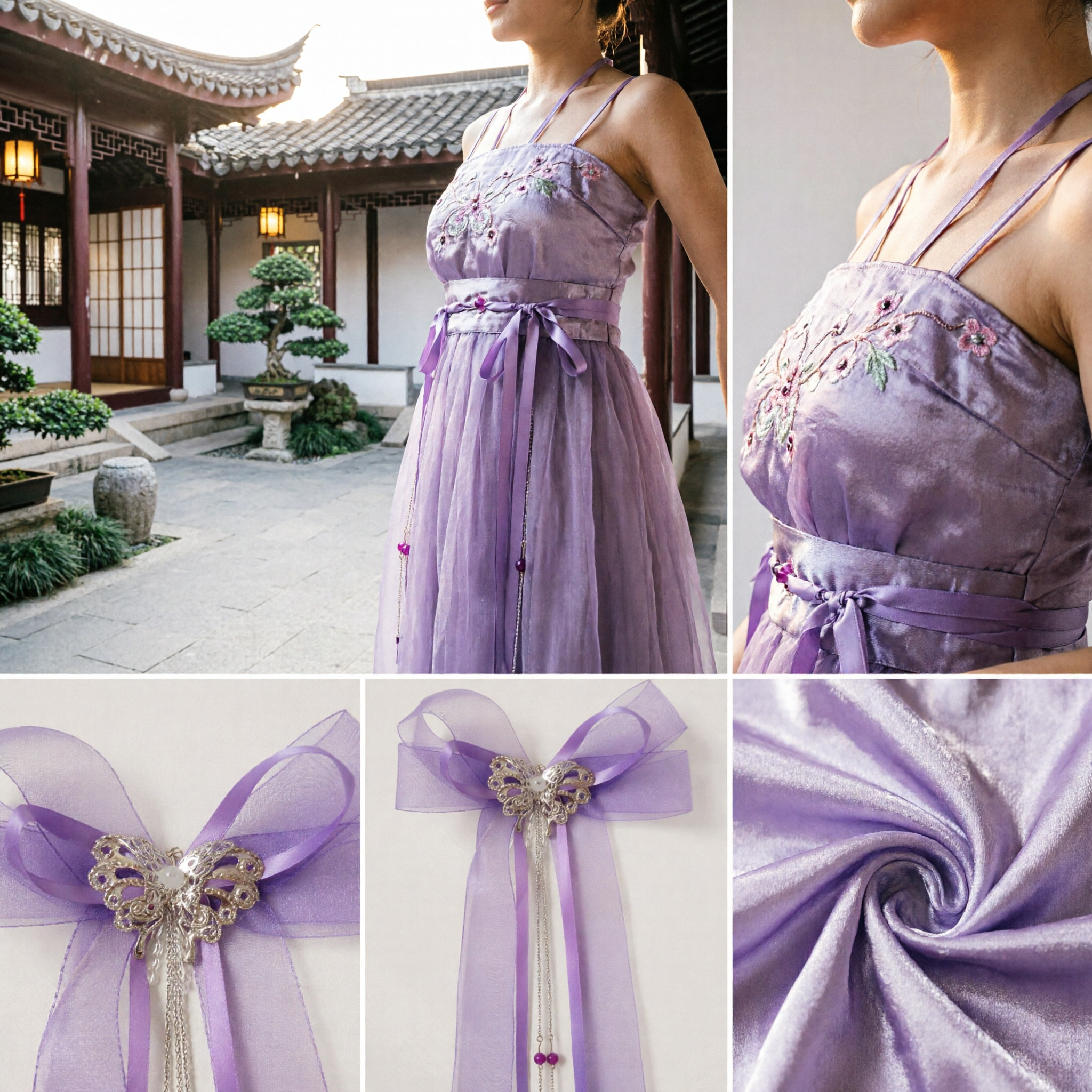 Elegant Purple Organza Bow with Silver Butterfly Brooch and Beaded Chains for Wedding Chair Sashes - Asian Costume