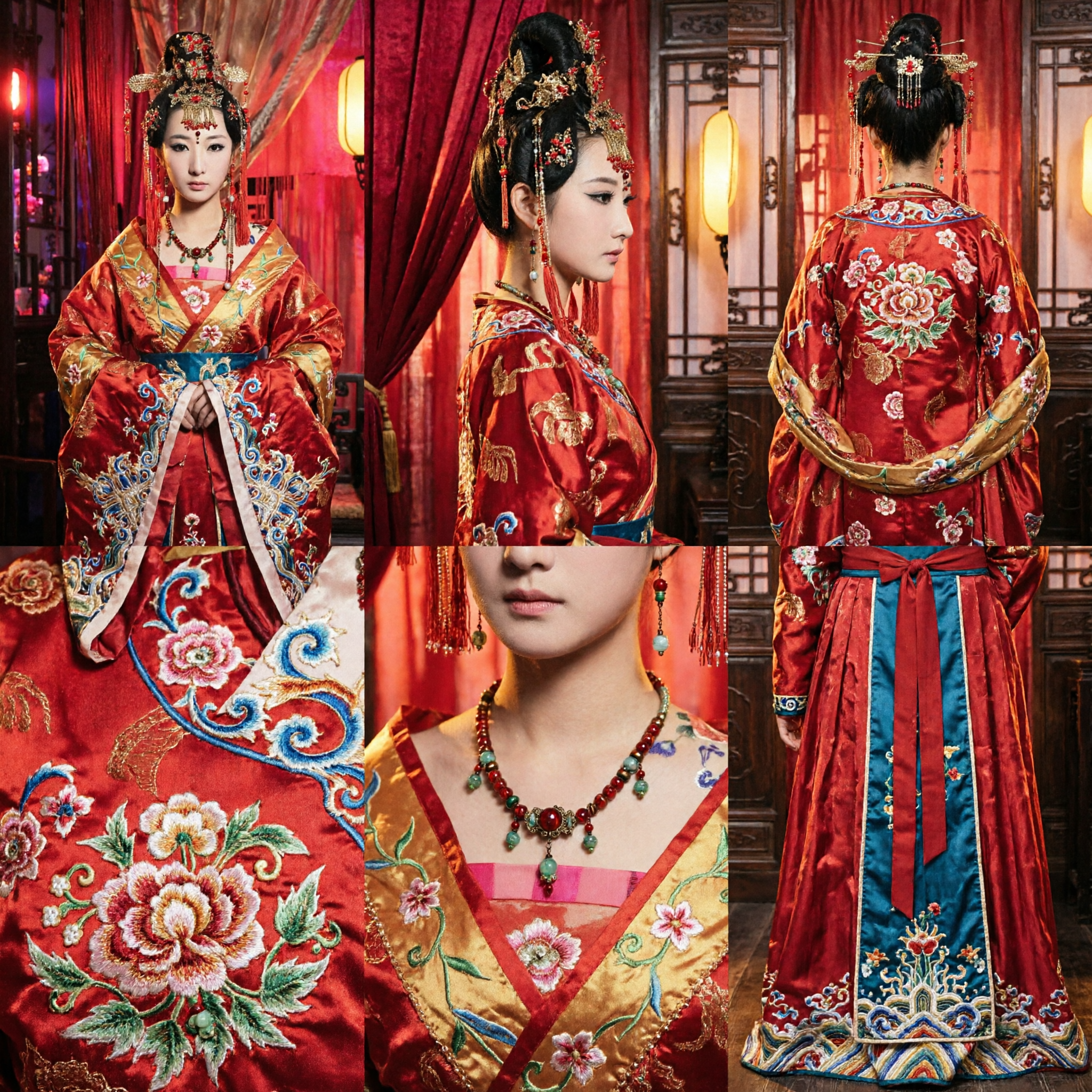 Traditional Chinese Wedding Hair Accessories Set Red Phoenix Crown Ancient Bride Headpiece for Hanfu Costume - Asian Costume