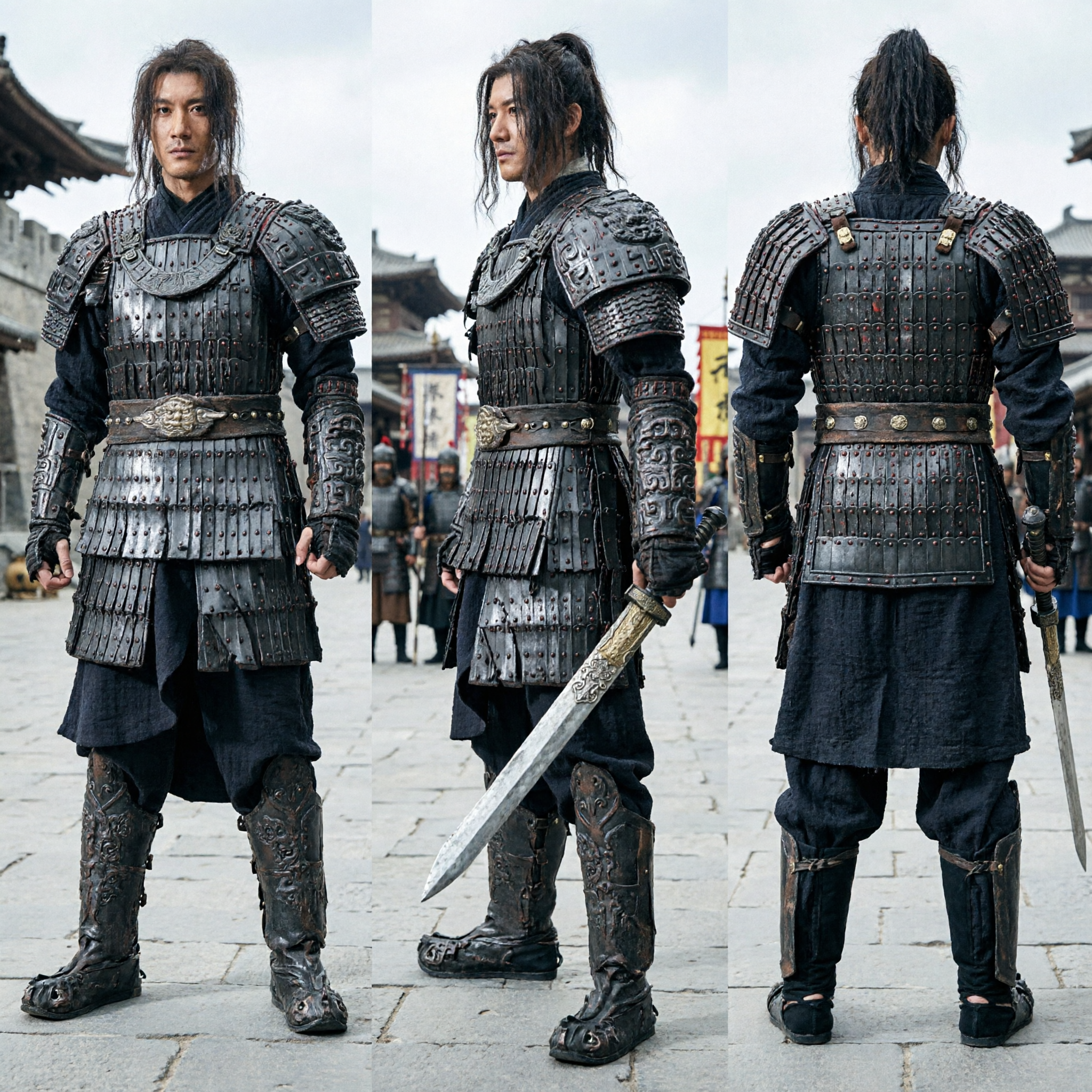 Men's Ancient Chinese General Black Armor Costume Historical Warrior Cosplay Complete Set for Stage - Asian Costume