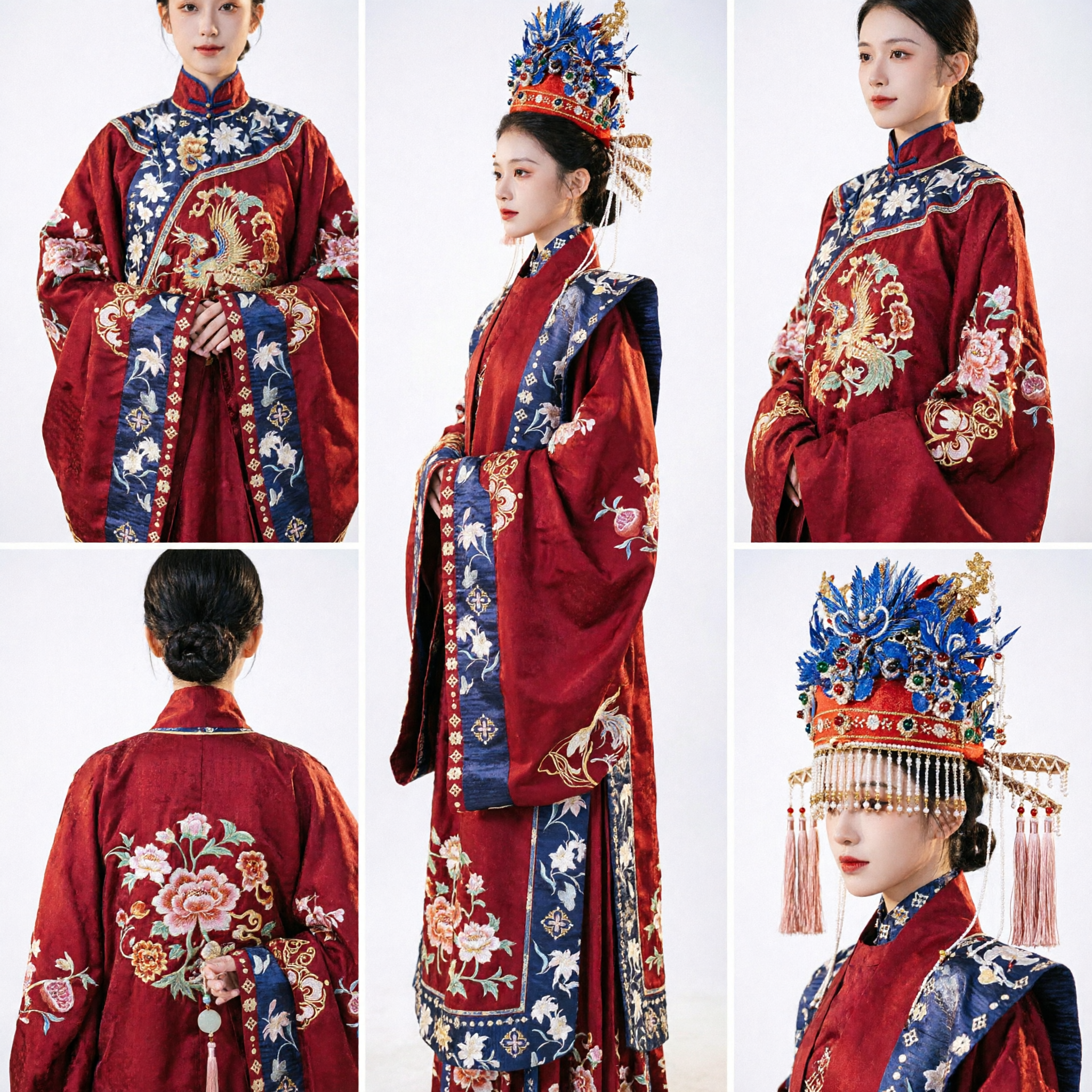 Traditional Chinese Hanfu Wedding Dress Ming Dynasty Embroidered Red and Blue Ancient Costume for Bride with Phoenix Crown - Asian Costume