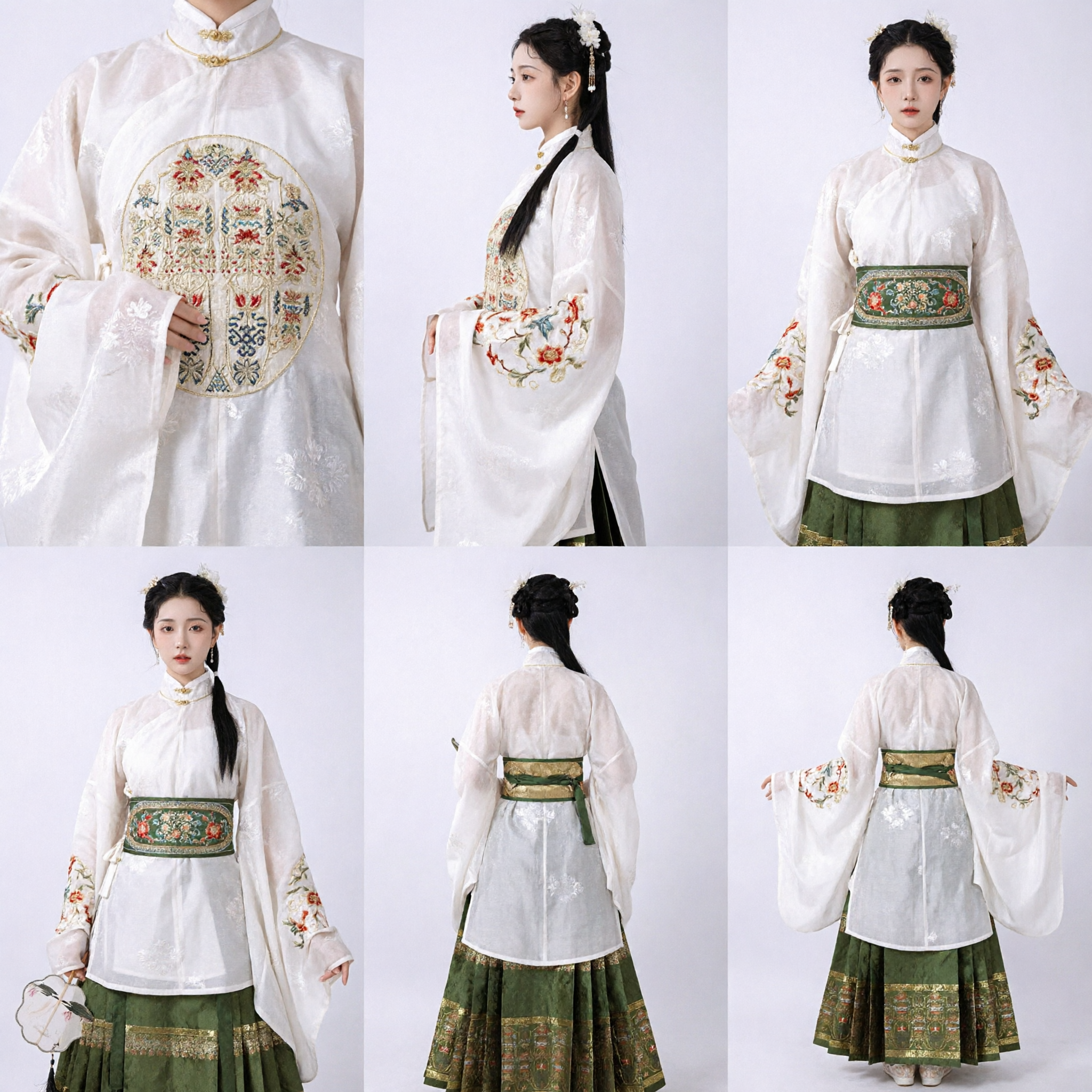 Traditional Chinese Hanfu Ming Dynasty Style White Embroidered Top and Green Brocade Mamianqun Skirt Set for Women - Asian Costume