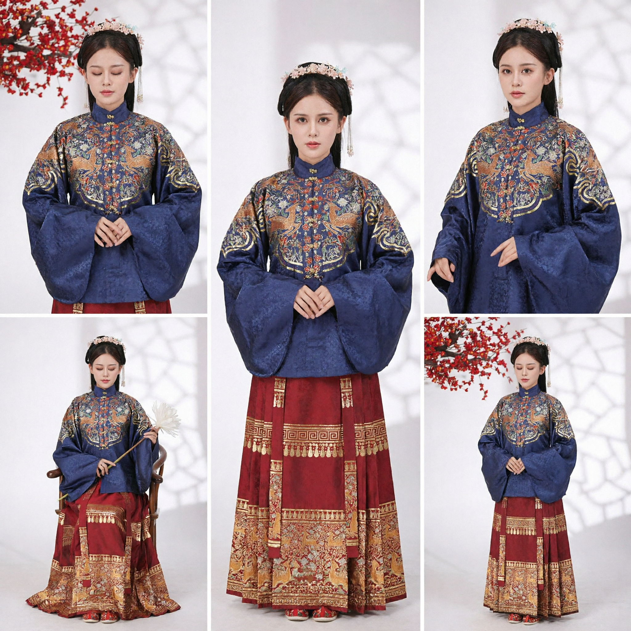 Traditional Chinese Hanfu Ming Dynasty Embroidered Blue Top and Red Skirt Ancient Princess Costume for Women - Asian Costume