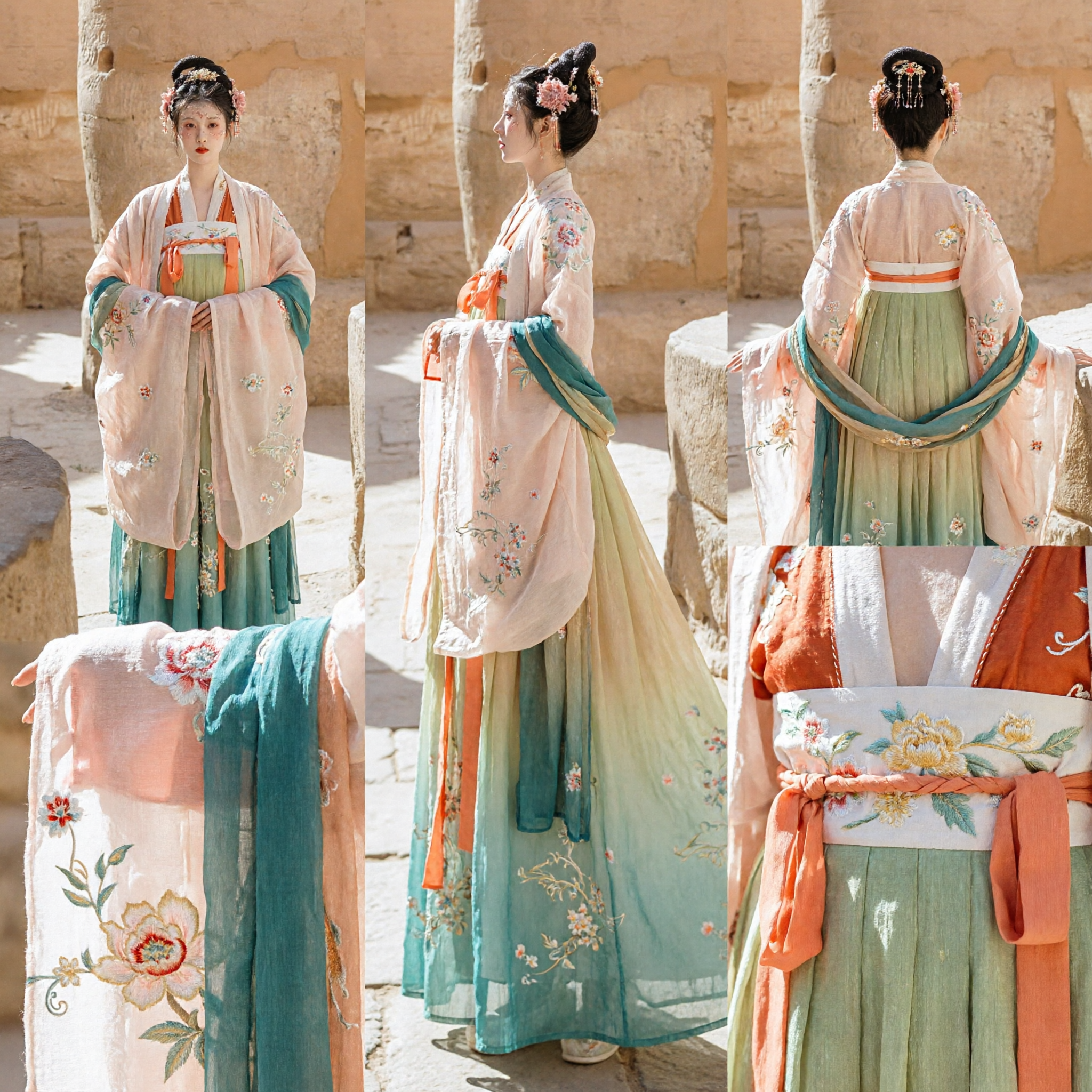 Elegant Tang Dynasty Hanfu Costume for Women Green Embroidered Skirt and Wide Sleeve Robe for Photography - Asian Costume