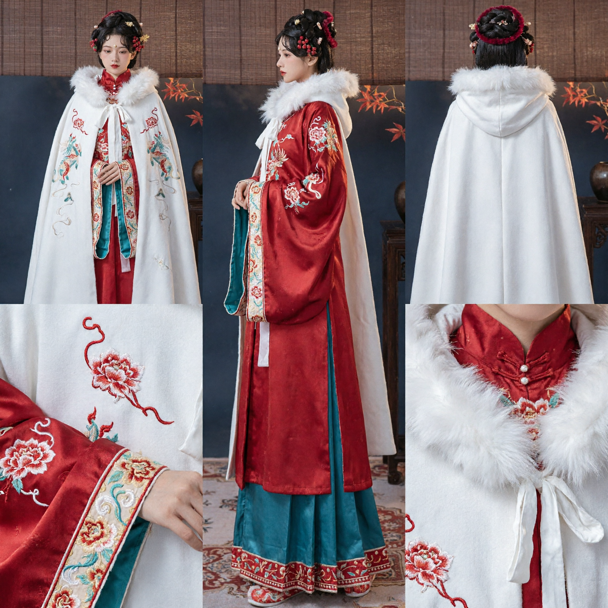 Traditional Chinese Hanfu Winter White Cape with Fur Collar and Dragon Embroidery for Women Ming Dynasty Cosplay Costume - Asian Costume
