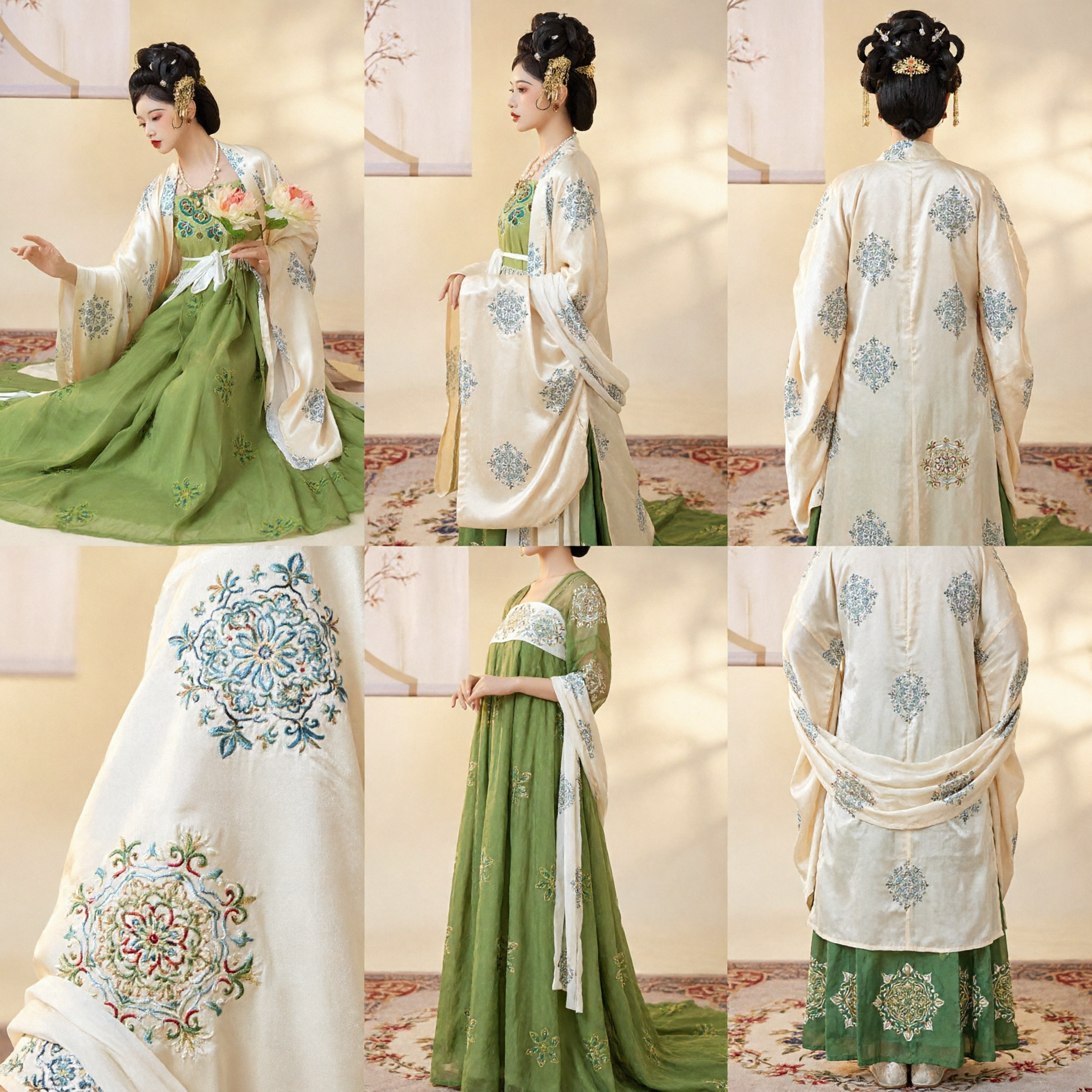 Traditional Chinese Tang Dynasty Hanfu Green Embroidered Costume Ancient Palace Dress for Women Performance Cosplay - Asian Costume