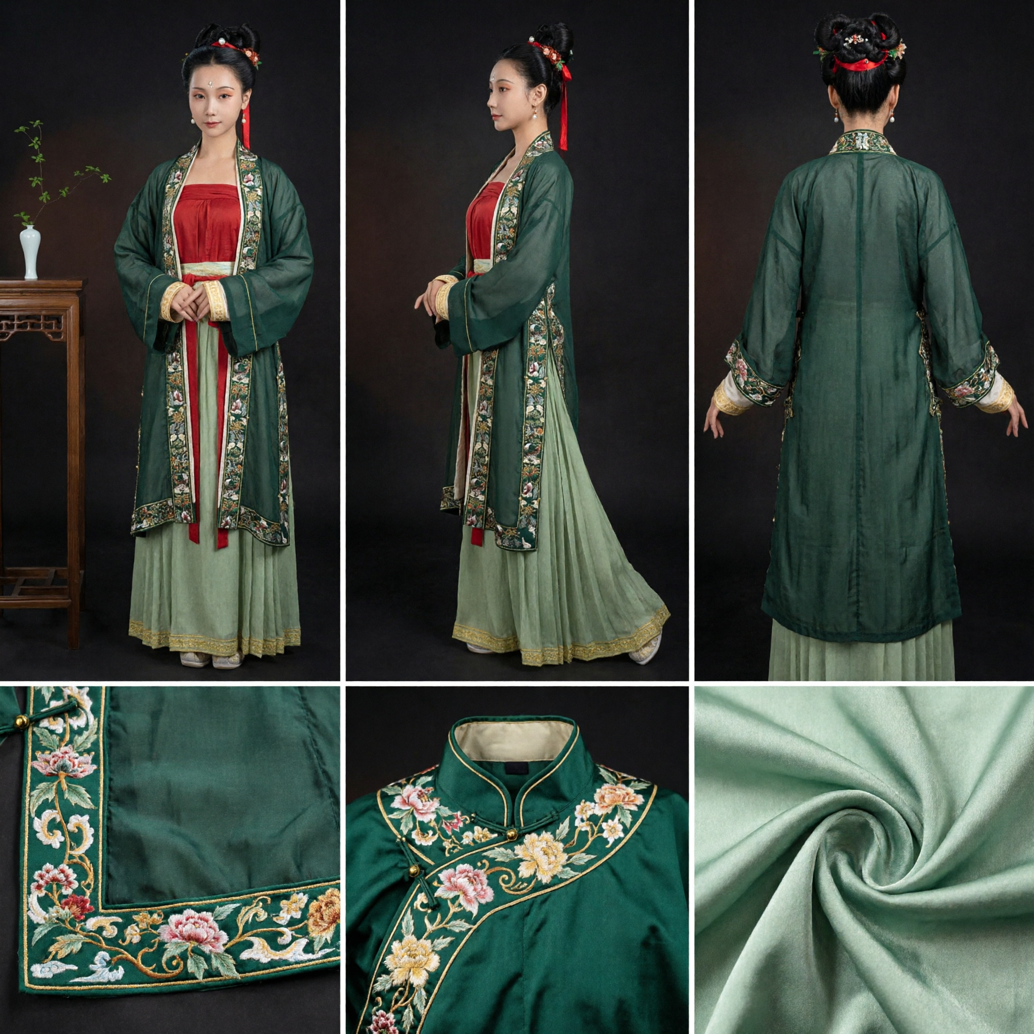 Traditional Chinese Hanfu Costume for Women Ancient Tang Dynasty Green Embroidered Robe and Pleated Skirt Set - Asian Costume