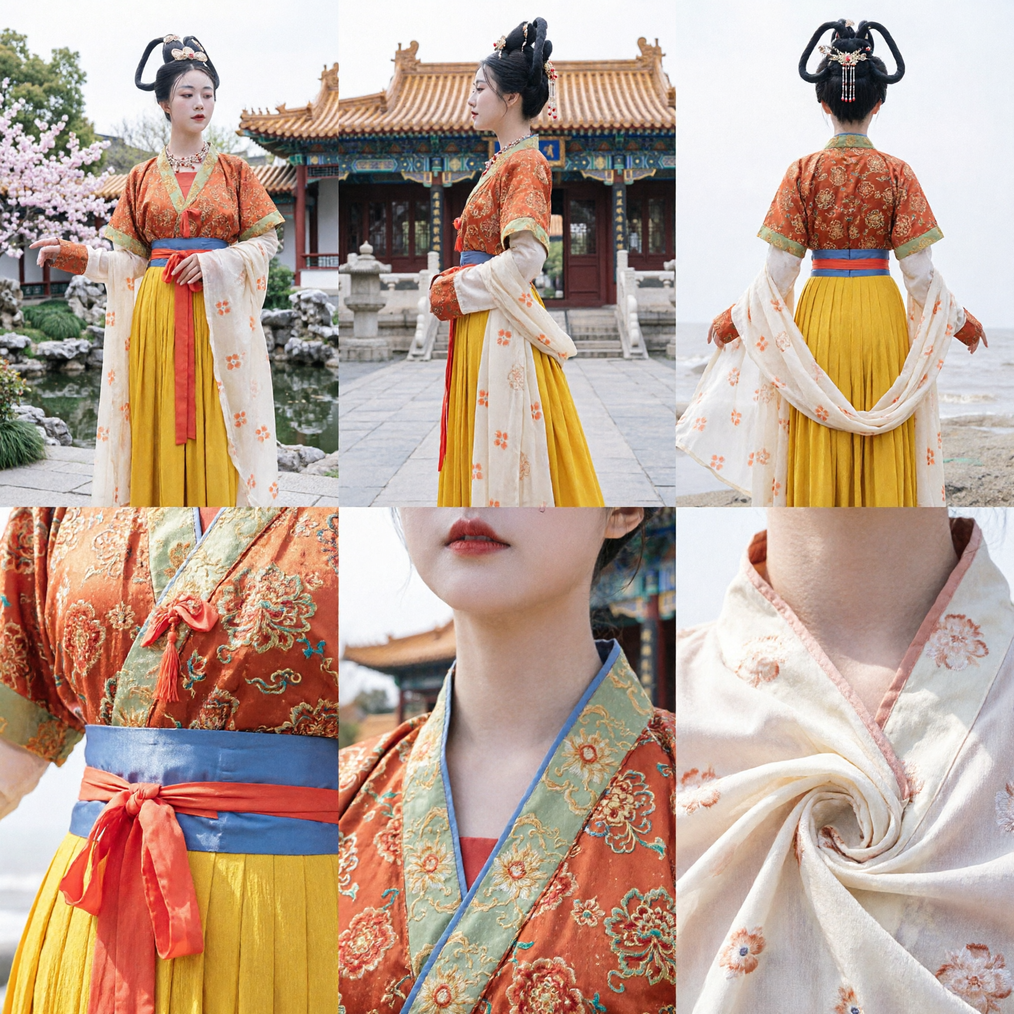 Women's Ancient Chinese Tang Dynasty Hanfu Costume Princess Dress Orange Top Yellow Skirt Traditional Performance Outfit - Asian Costume