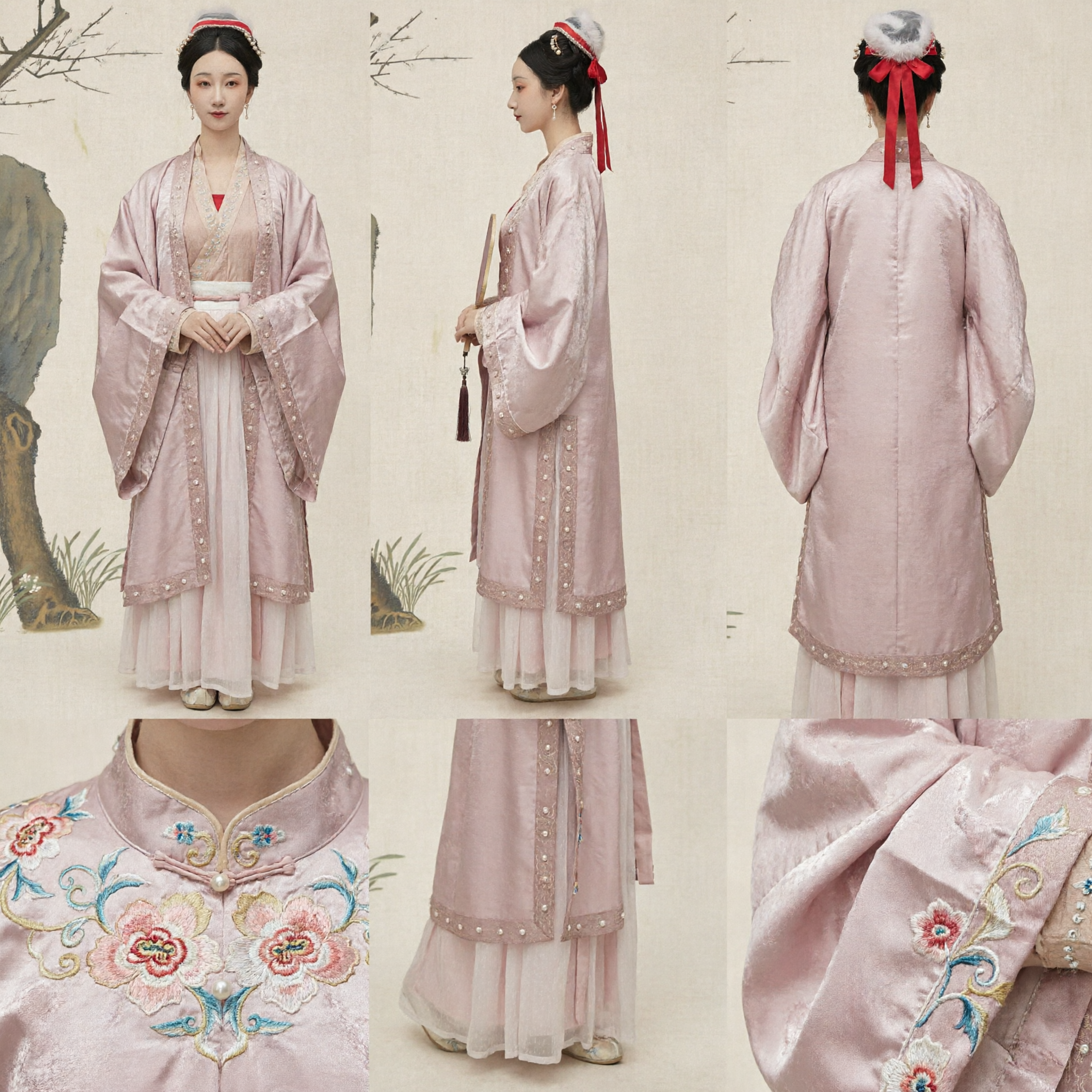 Elegant Pink Traditional Chinese Hanfu Ancient Costume Song Dynasty Style Beaded Robe for Women - Asian Costume
