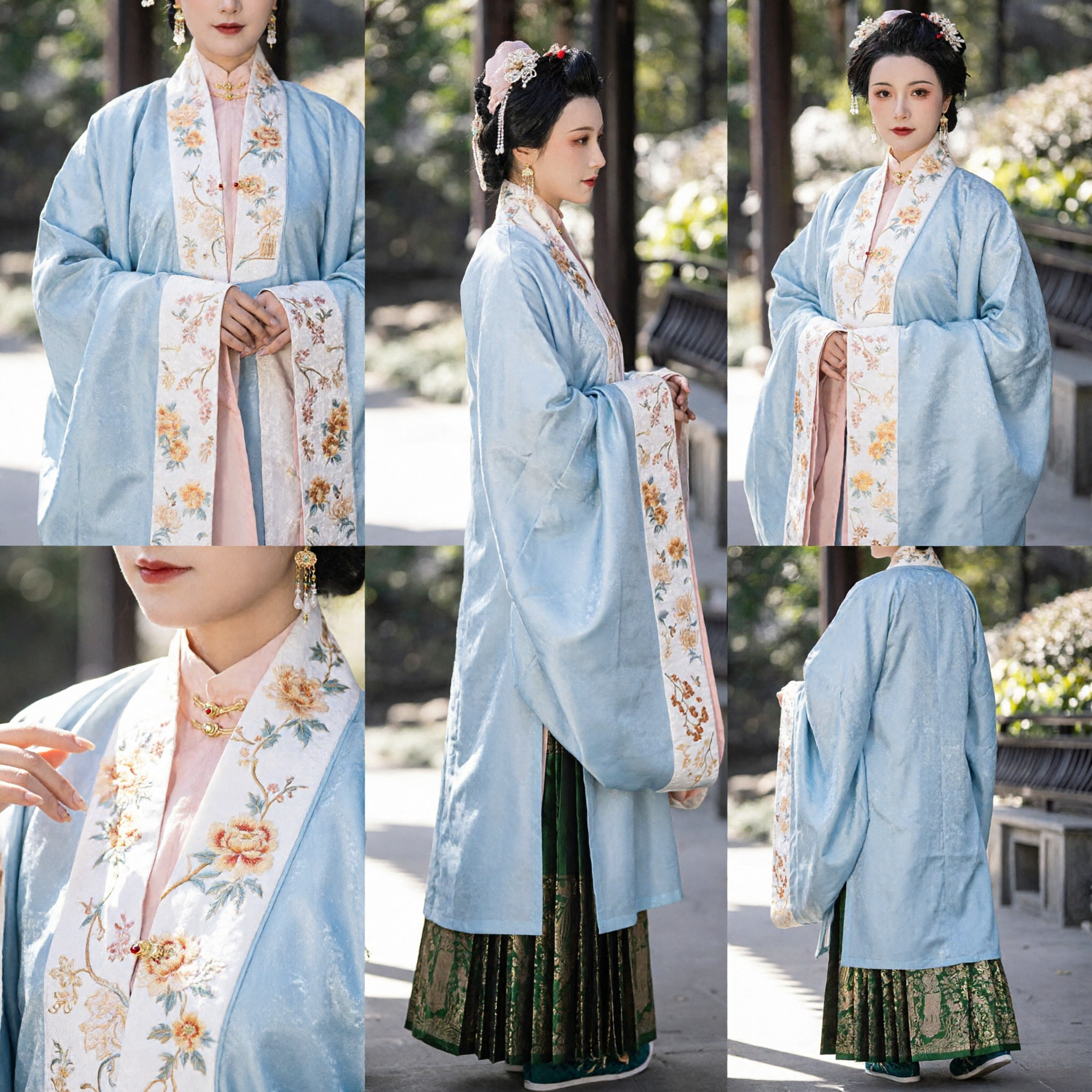 Women's Ming Dynasty Hanfu Traditional Chinese Clothing Blue Embroidered Coat and Green Brocade Skirt Set for Festivals - Asian Costume