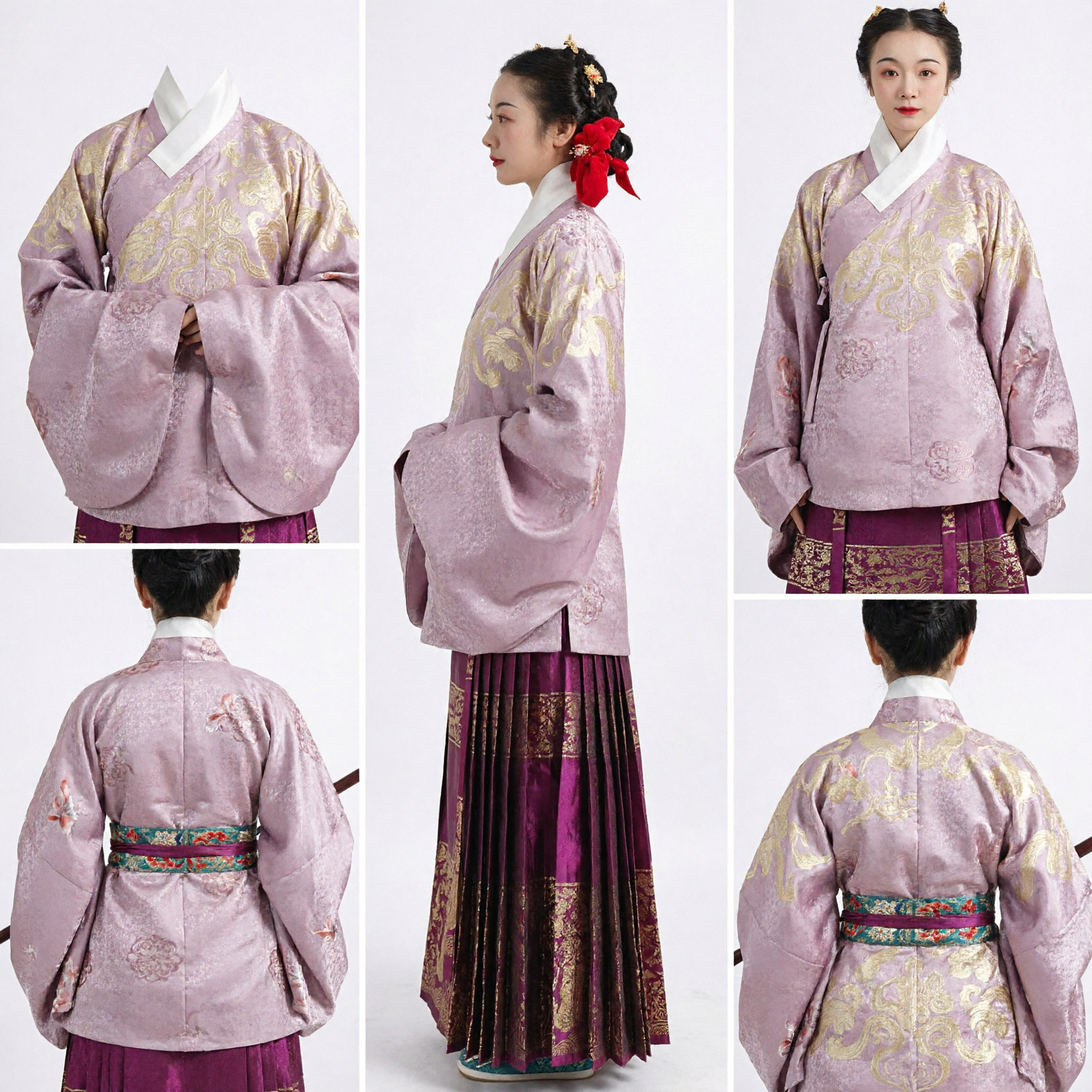 Traditional Chinese Hanfu Ming Dynasty Style Purple Gold Brocade Top and Pleated Skirt Set for Women - Asian Costume