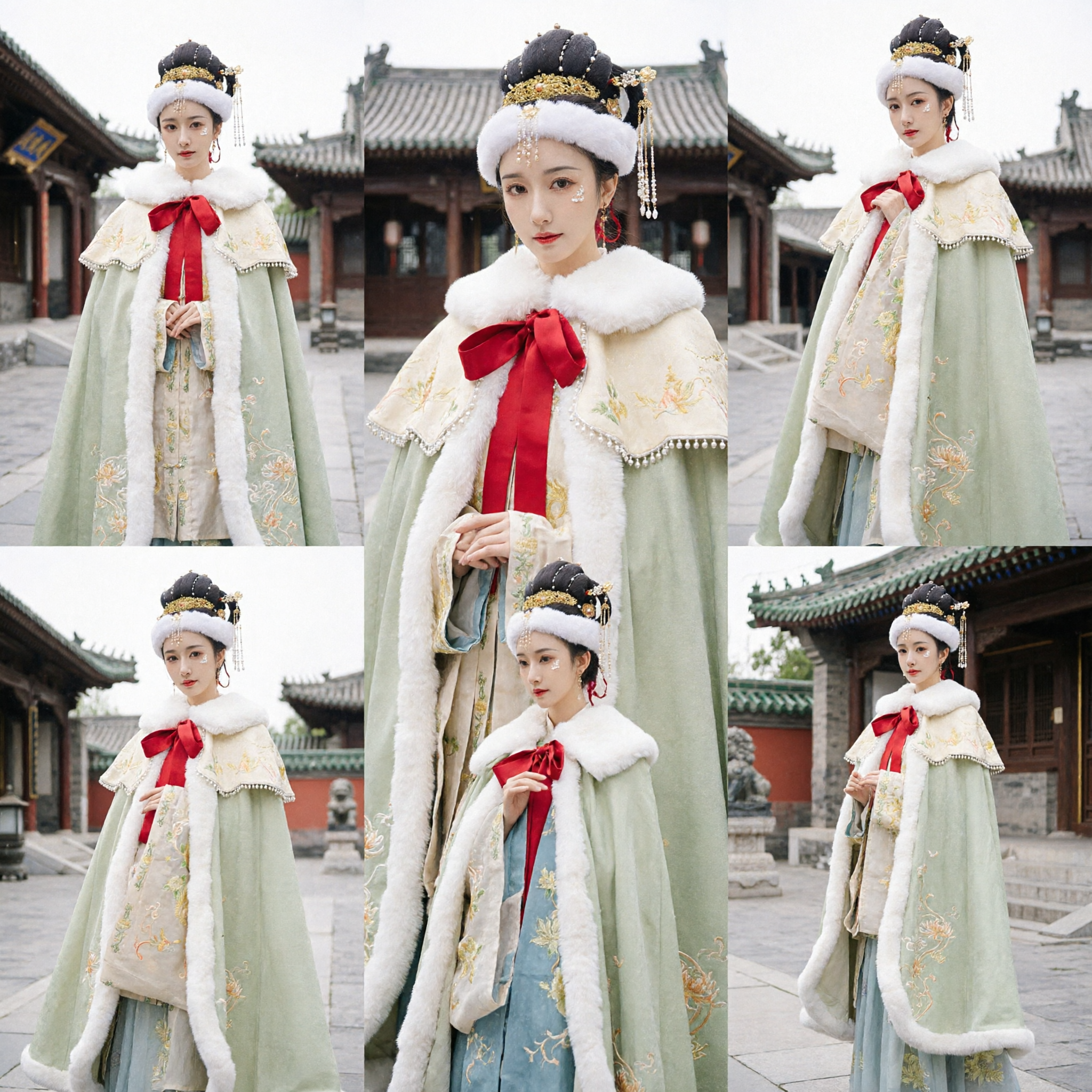 Traditional Chinese Hanfu Winter Cloak with White Fur Trim and Gold Embroidery Ming Dynasty Style for Women - Asian Costume