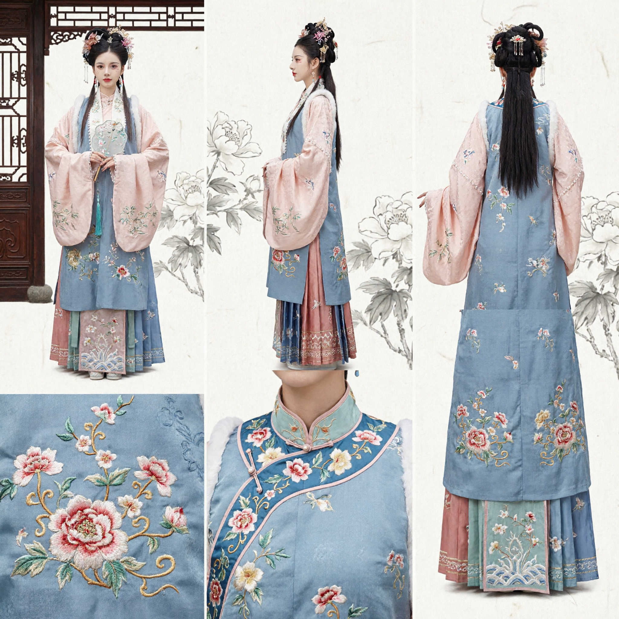 Elegant Traditional Chinese Hanfu Costume Women Ancient Embroidered Pink Robe and Blue Skirt Set for Cosplay - Asian Costume