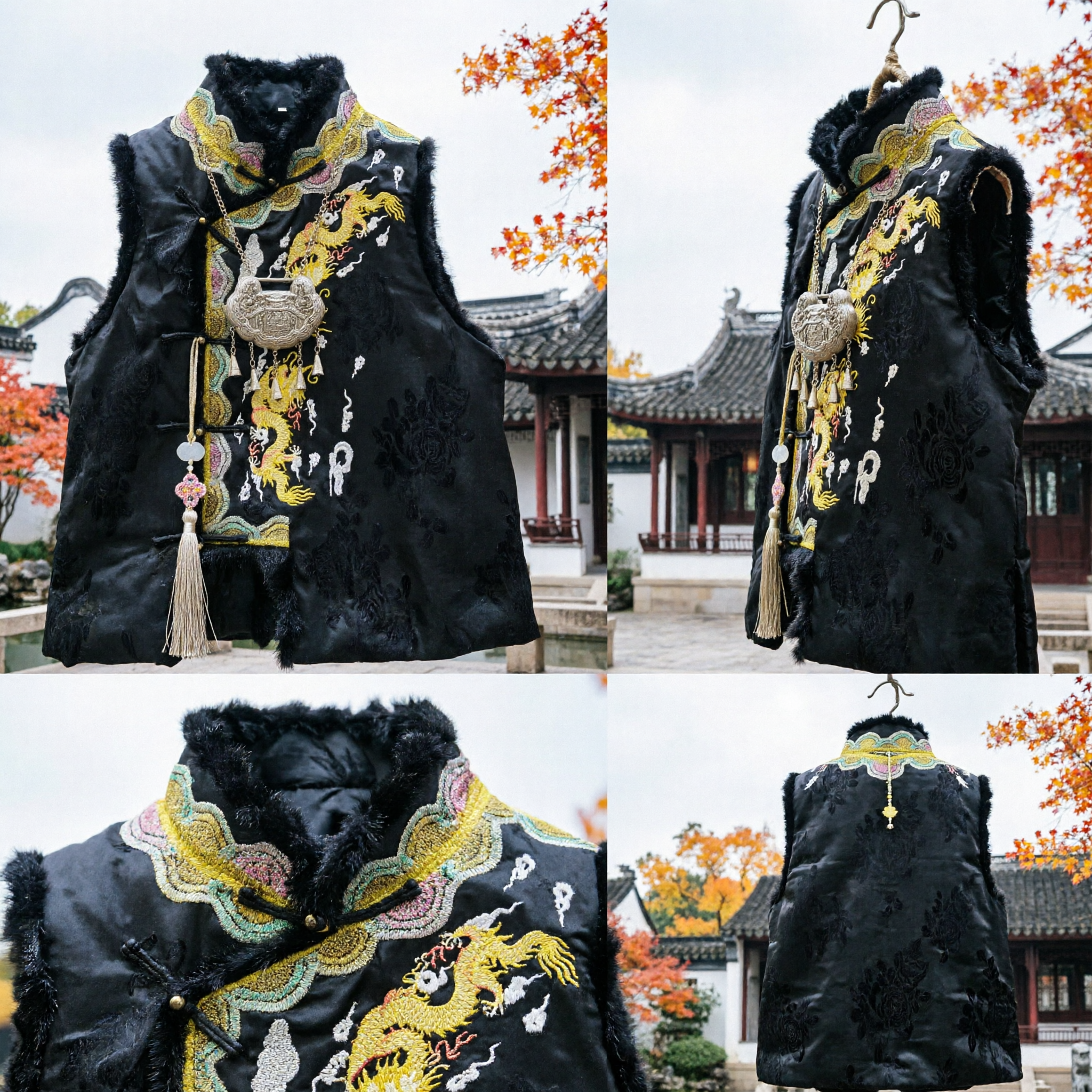 Traditional Chinese Black Silk Dragon Embroidery Vest for Kids Tang Suit Waistcoat for Lunar New Year - Asian Costume