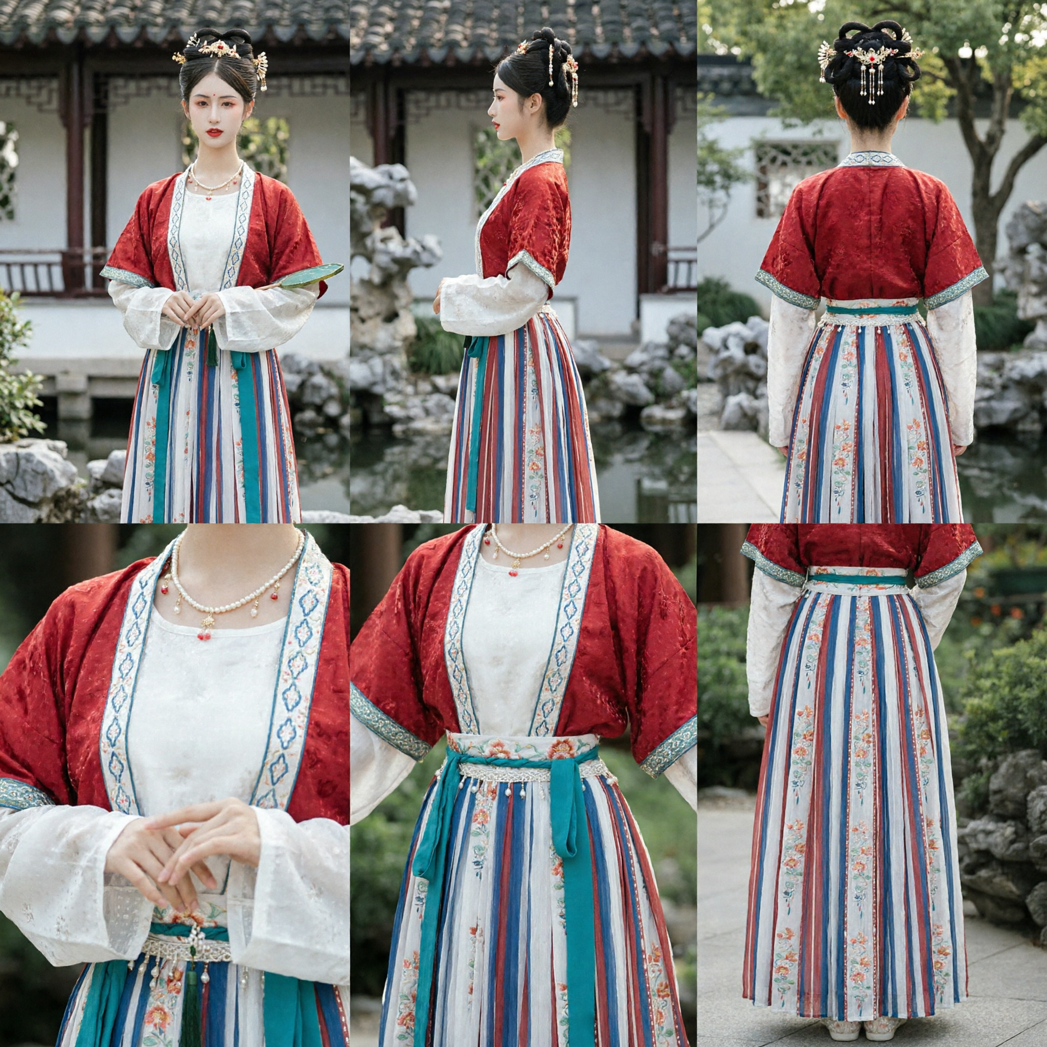 Traditional Chinese Hanfu Tang Dynasty Style Red Jacket and Striped Skirt Ancient Costume for Women - Asian Costume