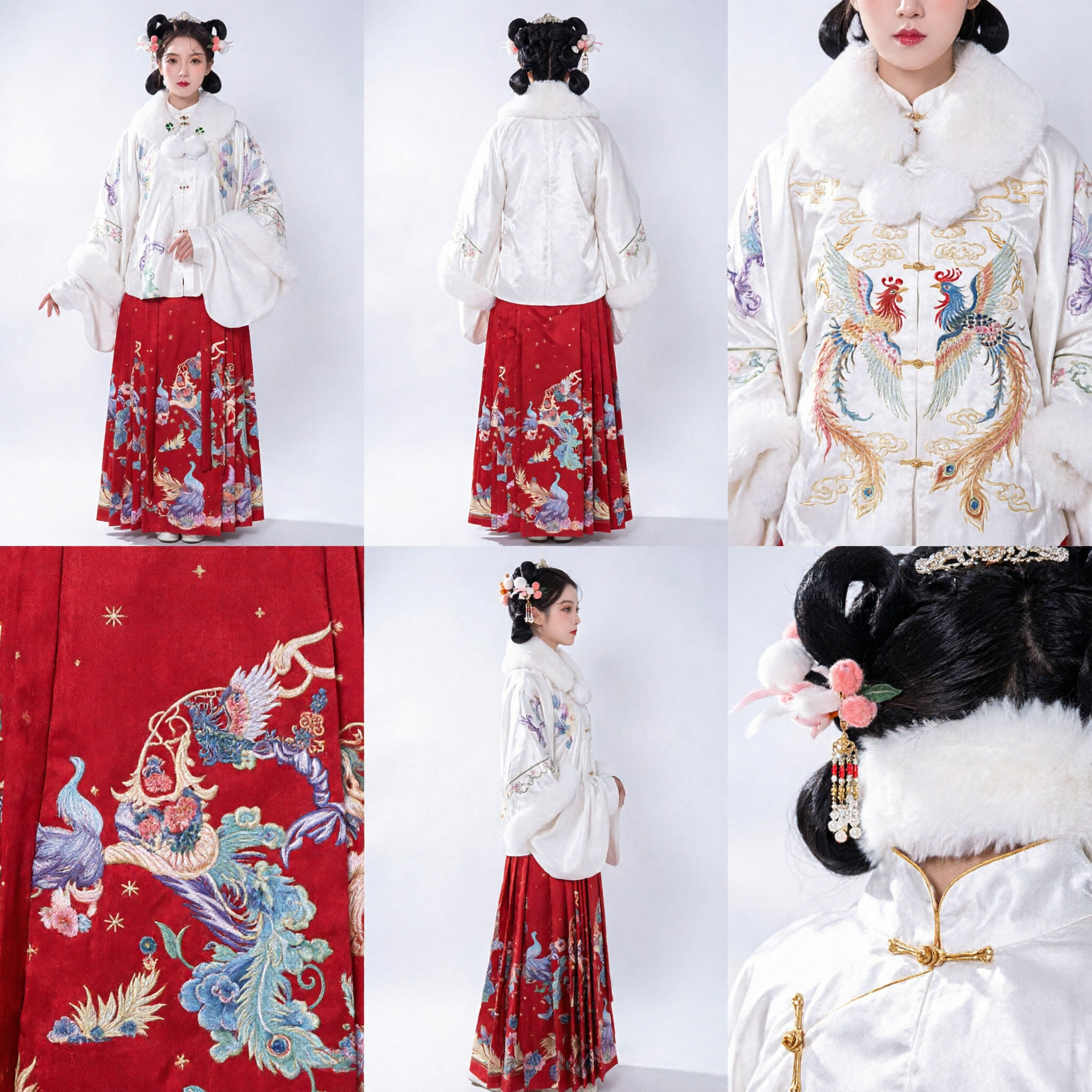 Traditional Chinese Hanfu Ming Dynasty Style White Fur Collar Top and Red Peacock Embroidered Skirt Set for Women - Asian Costume
