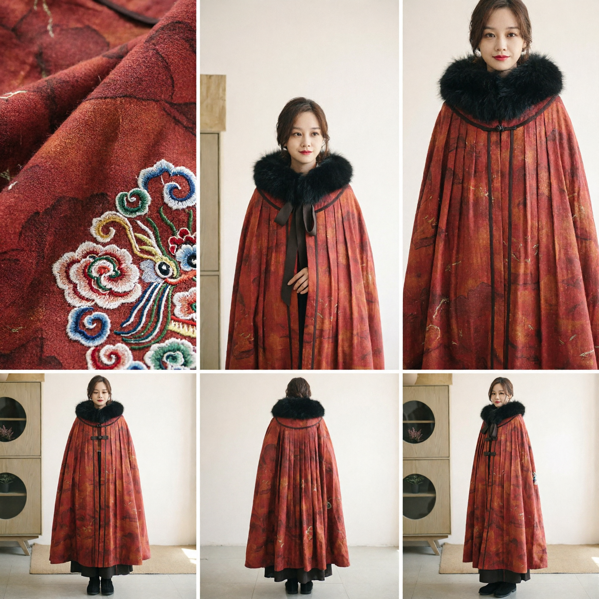 Women's Traditional Chinese Hanfu Cloak Cape Red Autumn Pattern Winter Coat with Black Fur Collar - Asian Costume