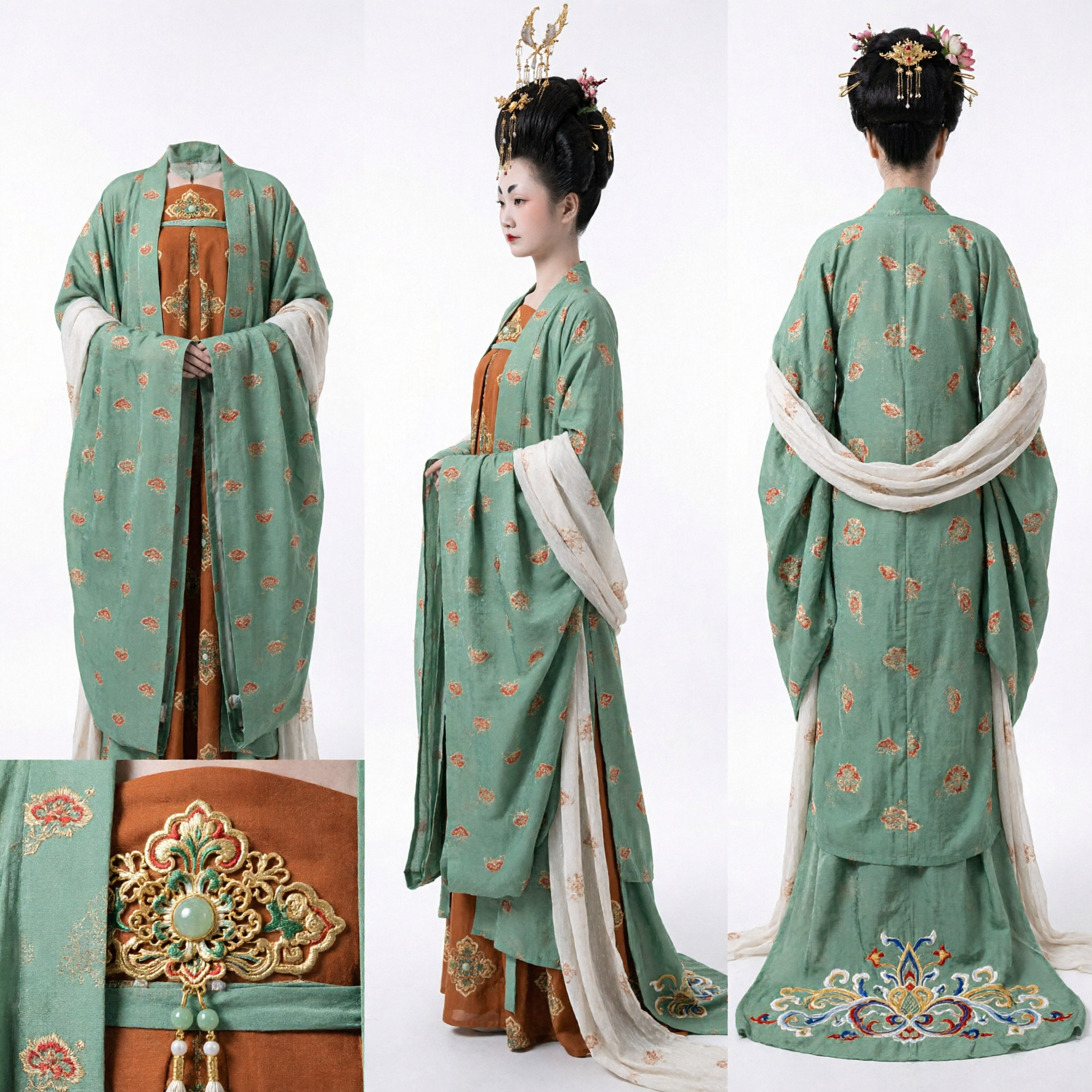 Traditional Chinese Tang Dynasty Hanfu Costume Green Floral Robe Ancient Palace Lady Dress for Women Cosplay - Asian Costume