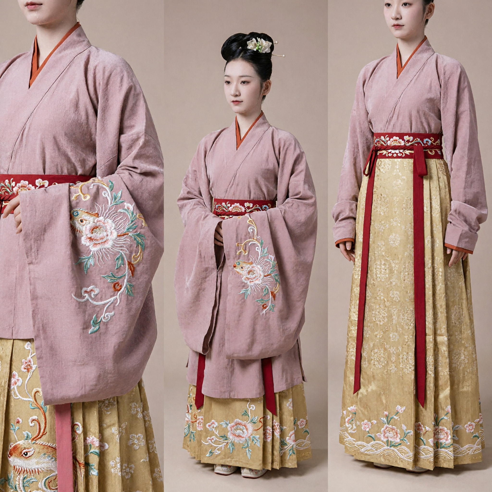 Traditional Chinese Hanfu Ancient Costume Song Dynasty Style Pink Top Yellow Floral Skirt Set for Women - Asian Costume