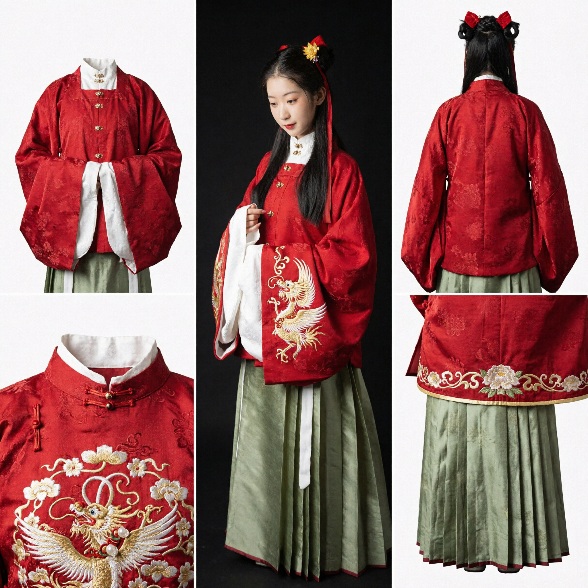 Traditional Chinese Hanfu Costume Ming Dynasty Style Red Jacket and Green Pleated Skirt Set for Women Ancient Clothing - Asian Costume