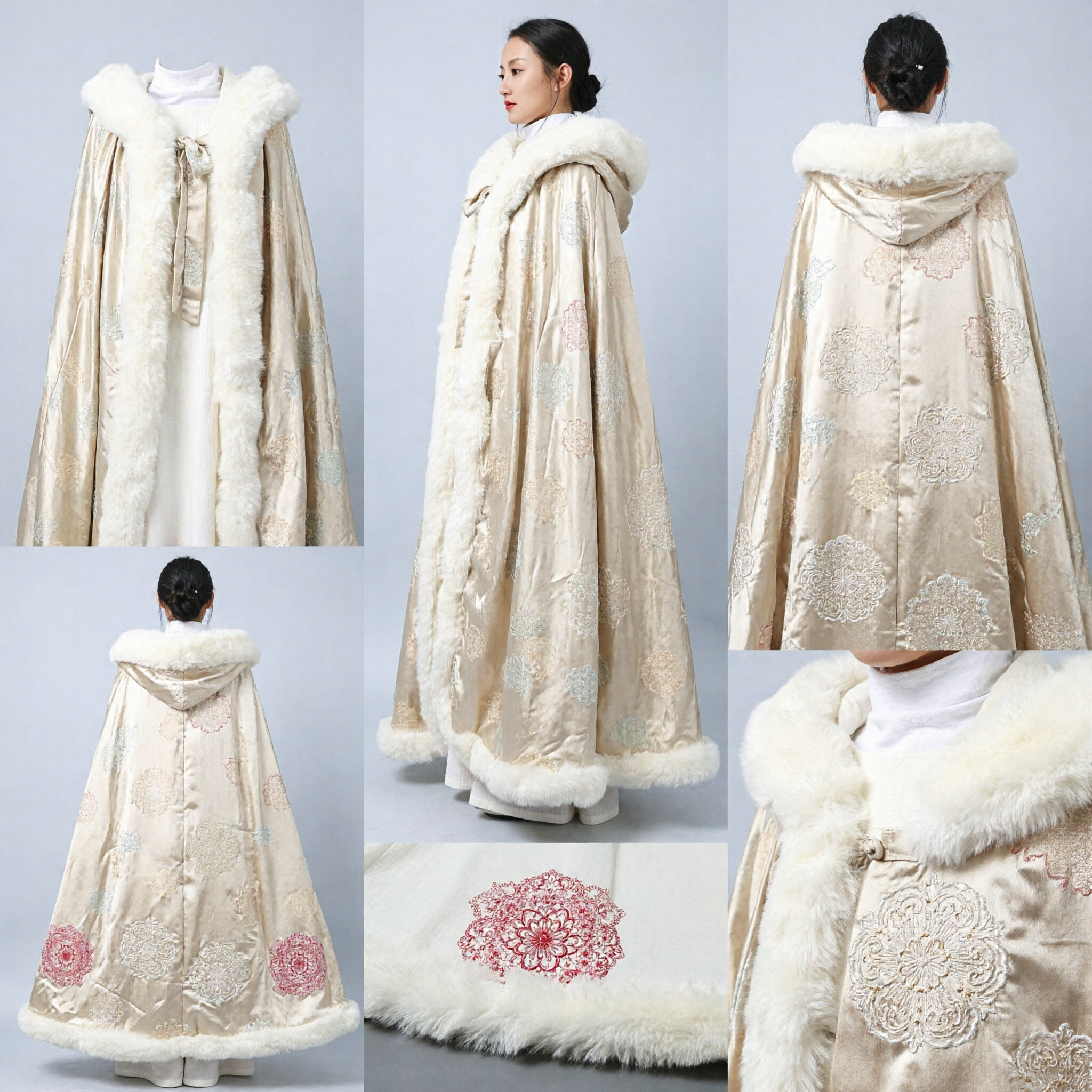 Ancient Chinese Hanfu Winter Cloak Cream Fur Trimmed Cape Traditional Ming Dynasty Cosplay Costume for Women - Asian Costume