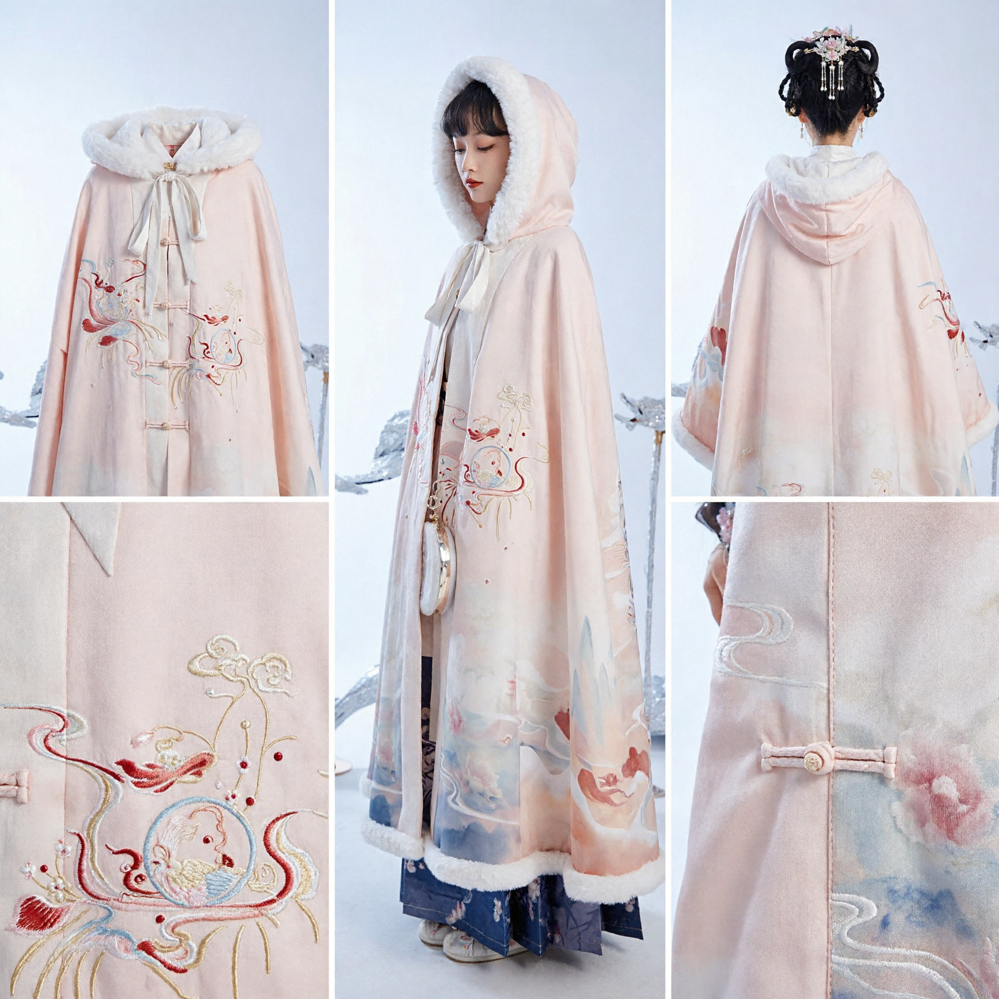 Traditional Chinese Hanfu Winter Cape Cloak with Embroidery and Fur Trim Ancient Fairy Costume for Women - Asian Costume