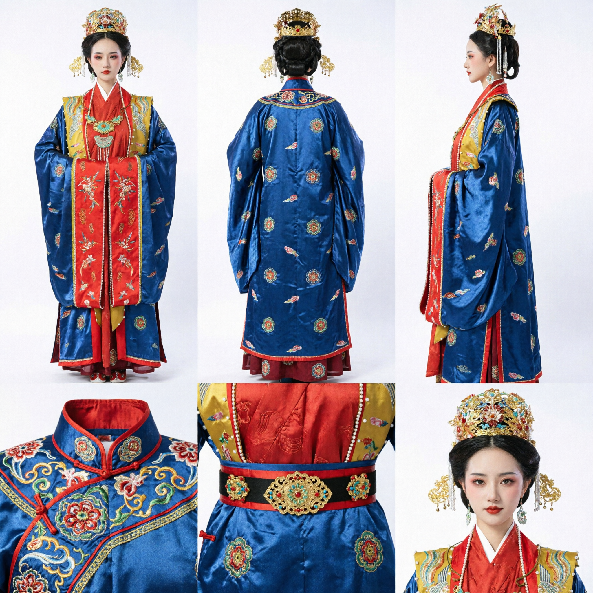 Ancient Chinese Ming Dynasty Royal Wedding Hanfu Blue Red Embroidered Costume for Women - Asian Costume