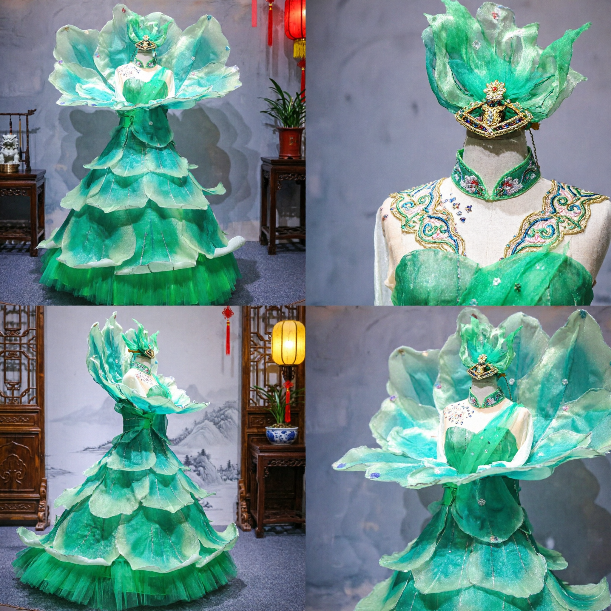 Professional Green Lotus Flower Dance Dress Stage Performance Costume for Women Folk Dance Show - Asian Costume
