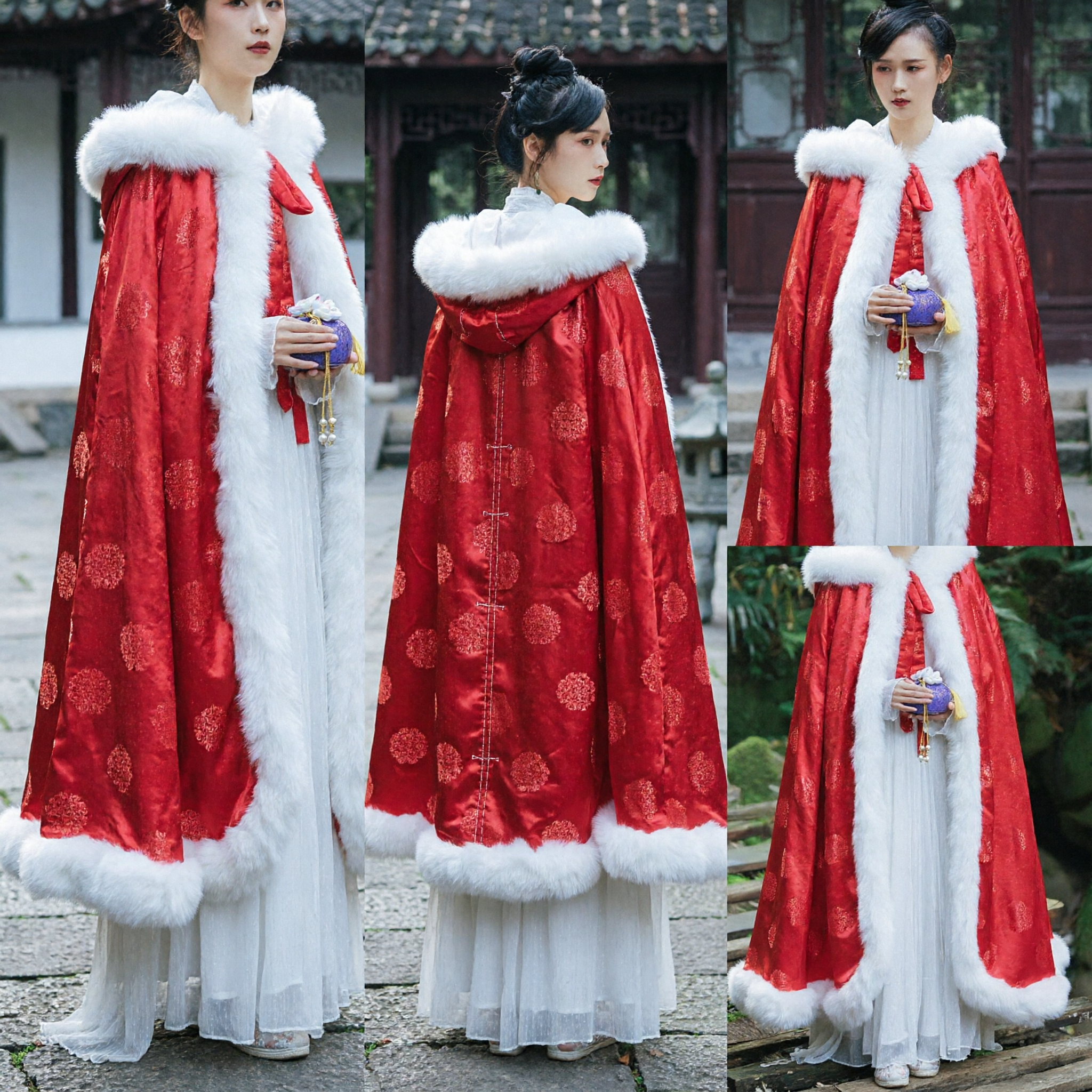 Traditional Chinese Hanfu Winter Red Cloak with White Fur Trim Ancient Costume Cape for Women Cosplay Photography - Asian Costume