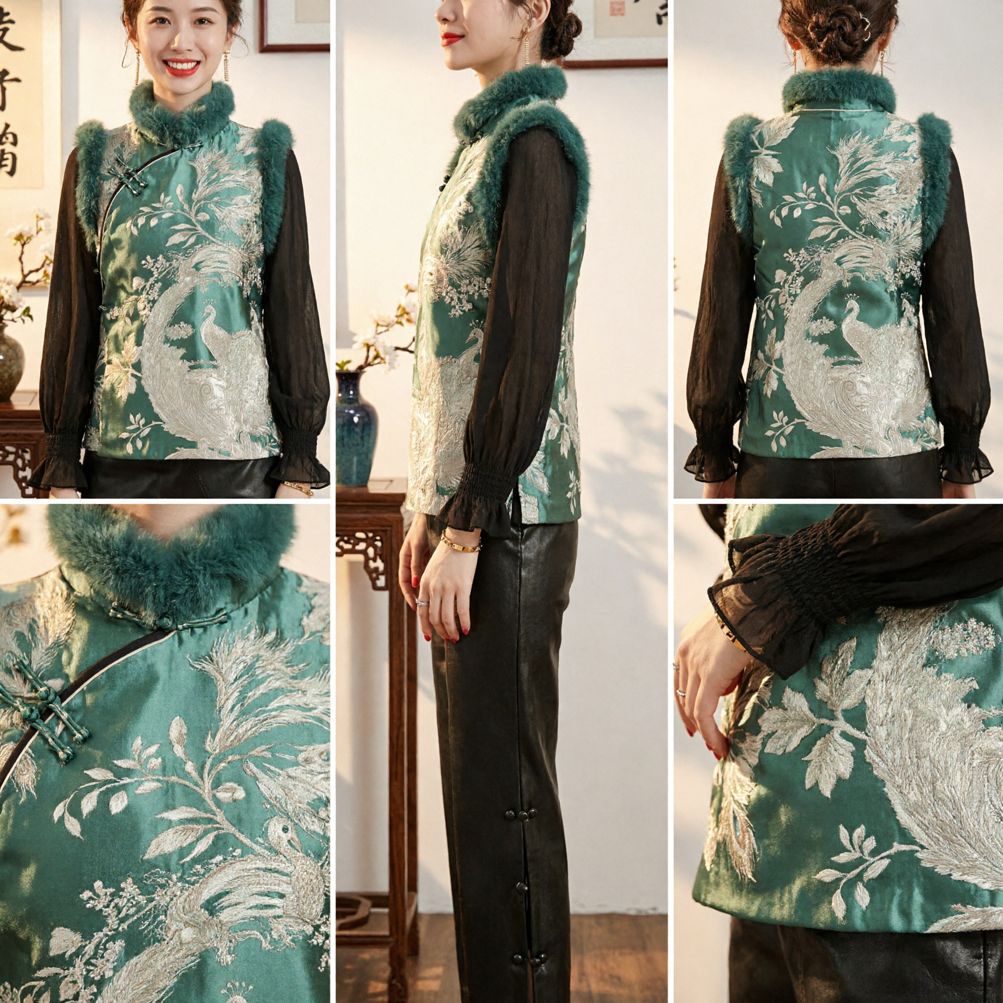 Women's Chinese Traditional Silk Vest Green Peacock Embroidery Fur Collar Tang Suit Top Elegant Autumn Winter Outfit - Asian Costume