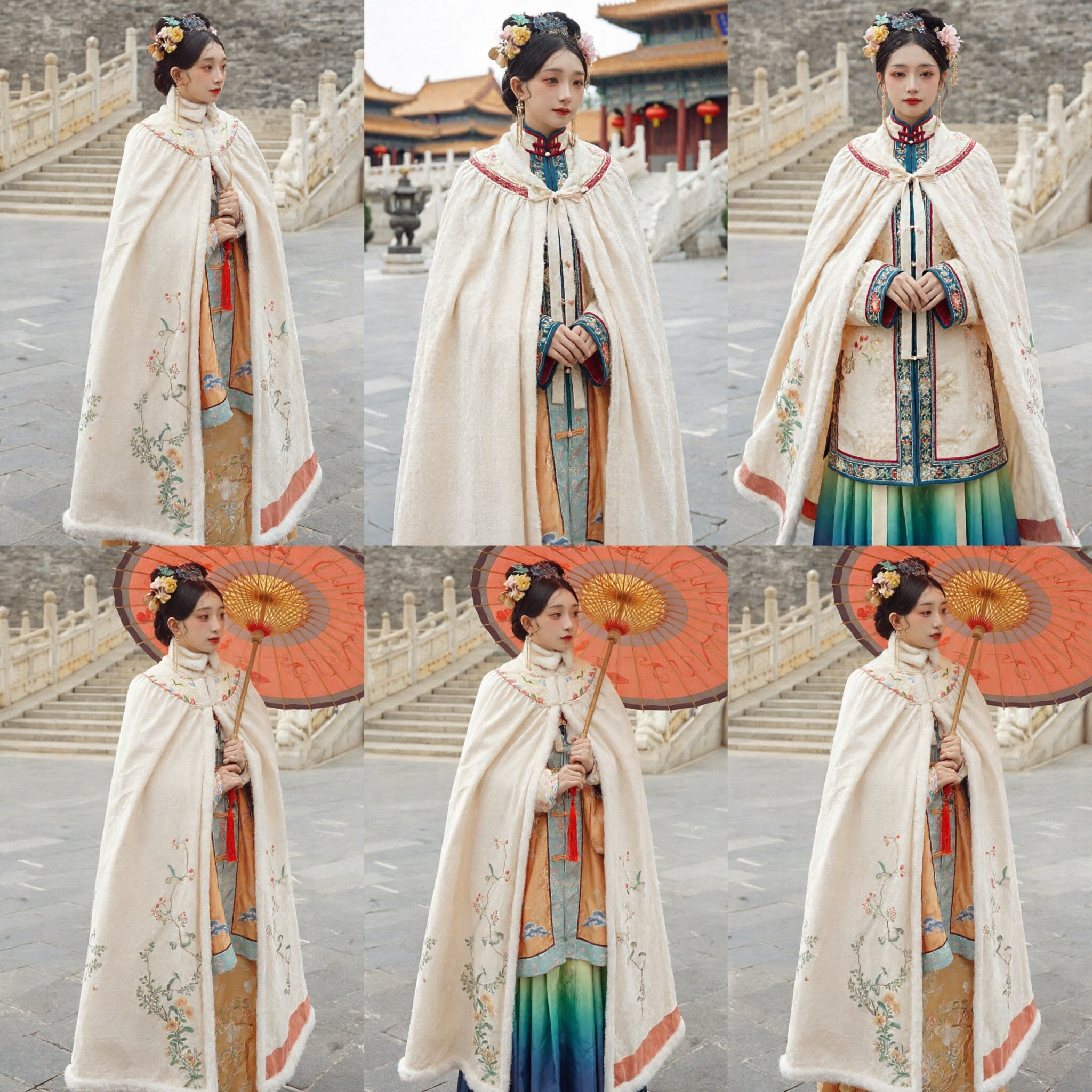 Traditional Chinese Hanfu Winter Cloak Cream Embroidered Cape Ming Dynasty Style Ancient Costume for Women Photography - Asian Costume