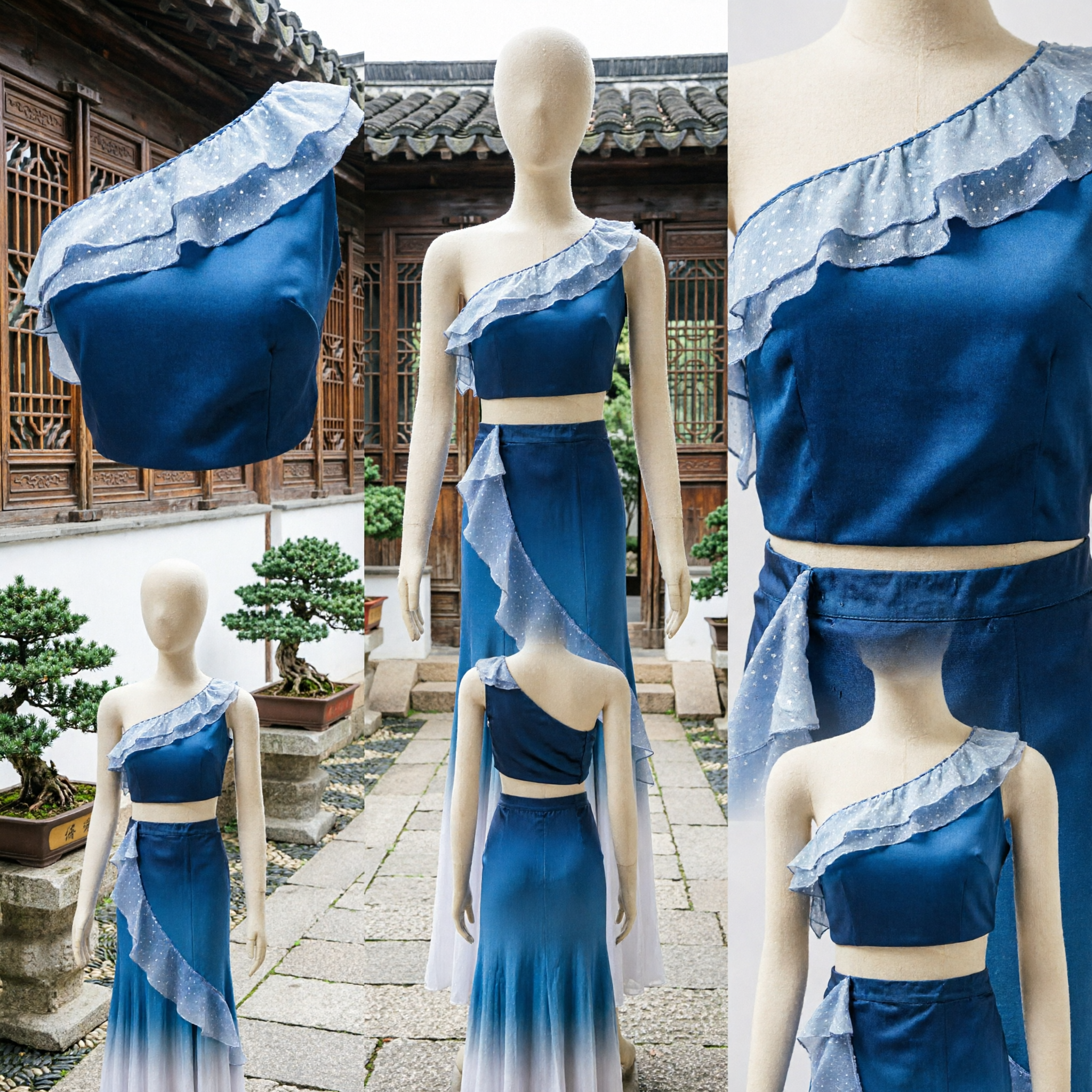 Elegant Blue Gradient One-Shoulder Crop Top and Fishtail Skirt Set for Women Lyrical Dance Stage Performance - Asian Costume
