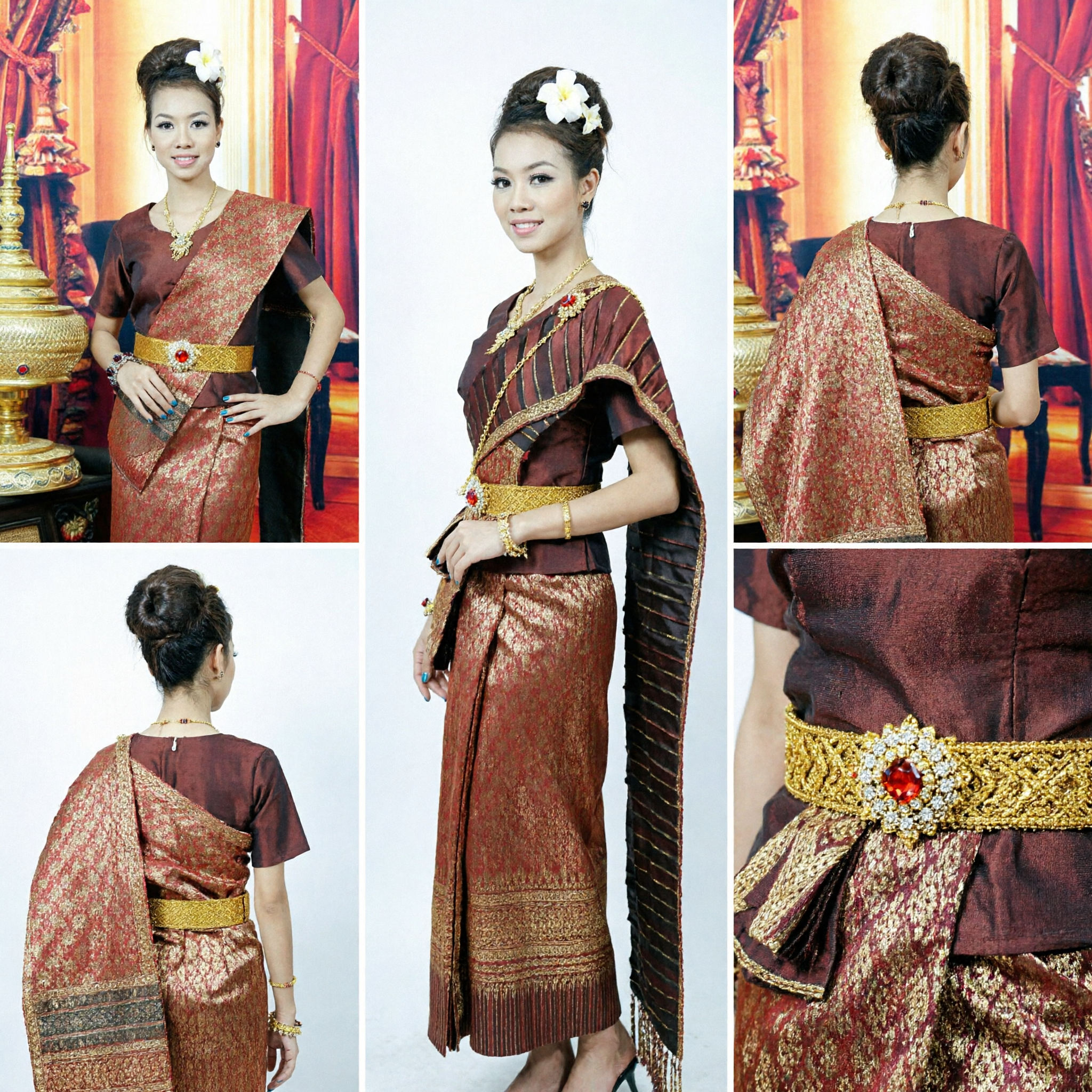 Elegant Thai Traditional Brocade Dress Formal National Costume for Women Wedding Ceremony Cultural Performance - Asian Costume