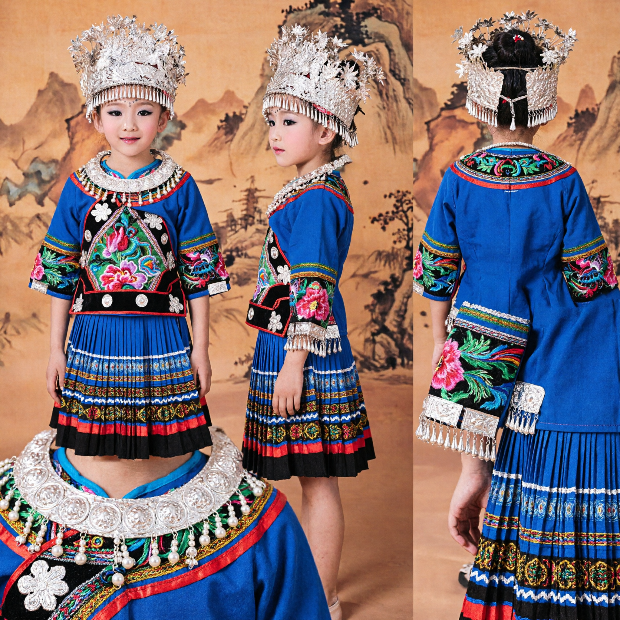 Traditional Chinese Miao Ethnic Minority Costume Girls Folk Dance Performance Dress with Silver Headdress - Asian Costume