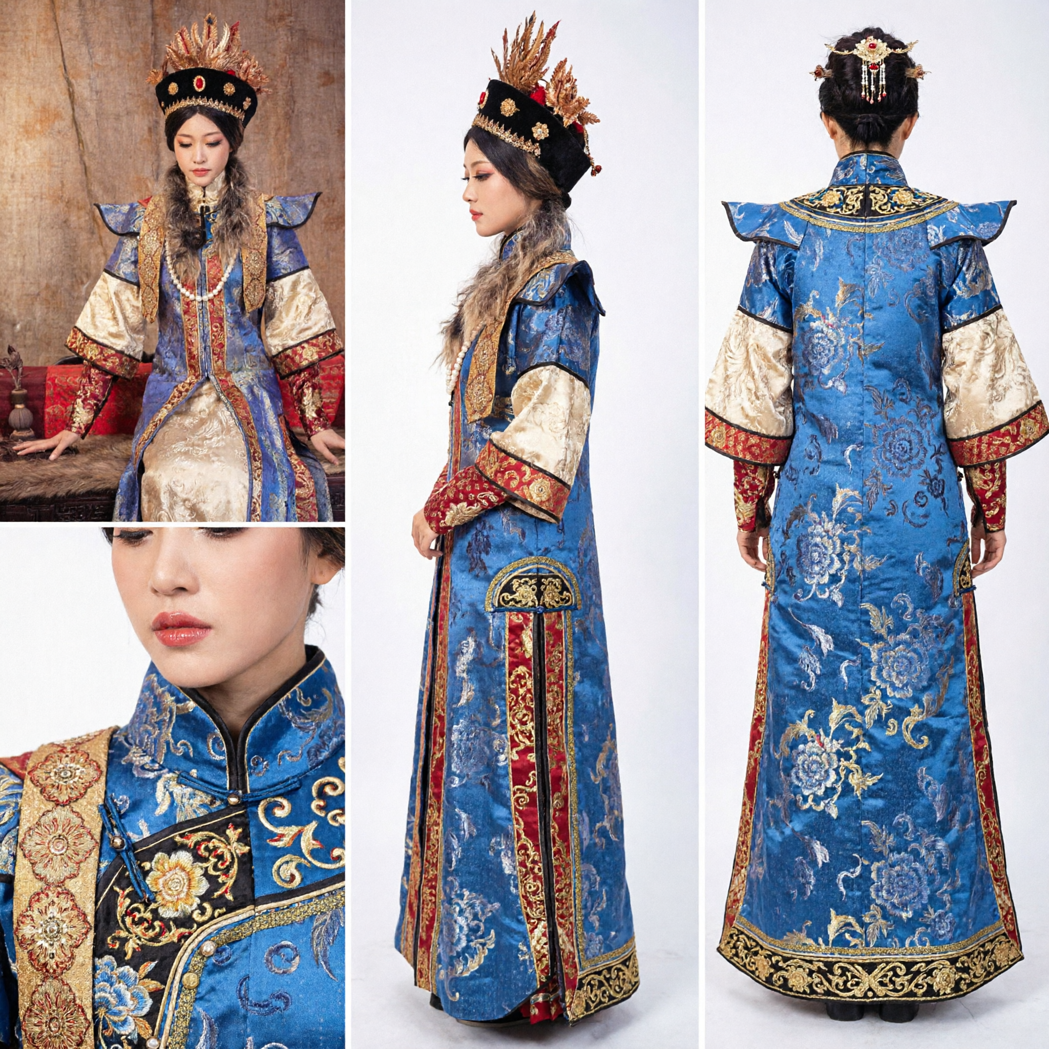 Traditional Chinese Mongolian National Costume for Women Blue Silk Robe with Fur and Headdress - Asian Costume