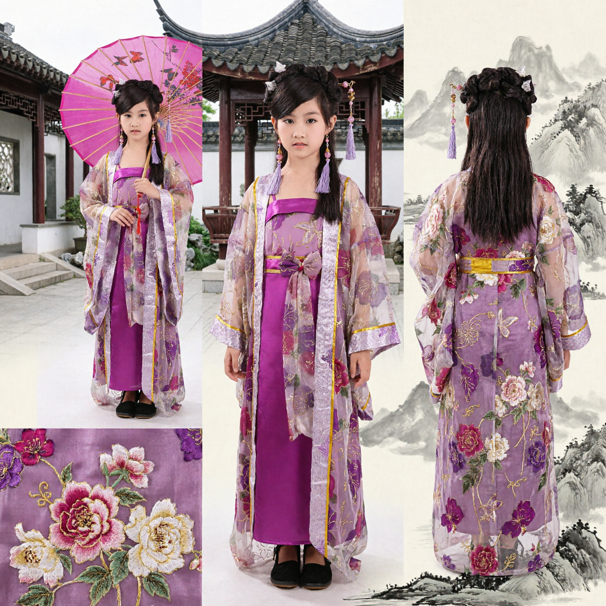 Girls Purple Traditional Chinese Hanfu Costume Ancient Palace Dress Set with Umbrella for Kids Dance Performance - Asian Costume