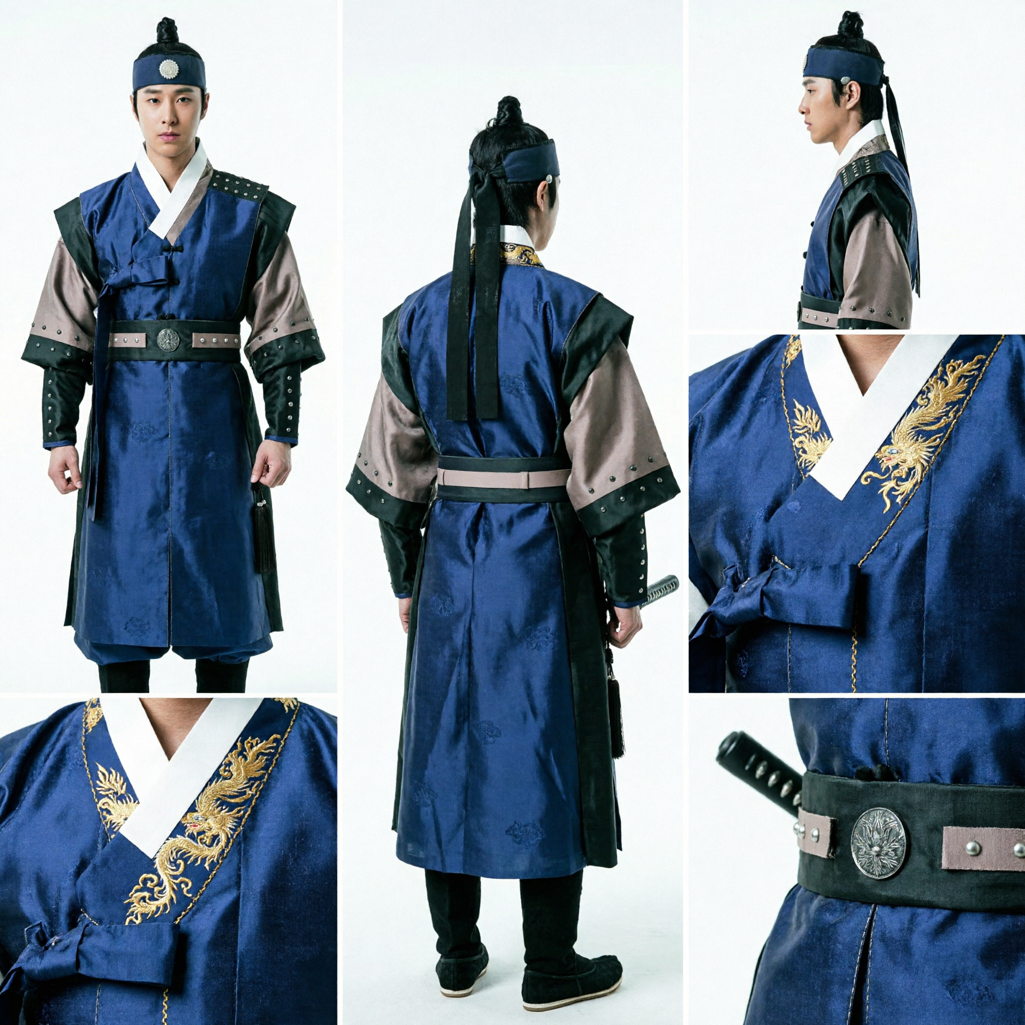 Men's Traditional Korean Warrior Hanbok Costume Blue Robe with Black Leather Armor Set for Cosplay - Asian Costume