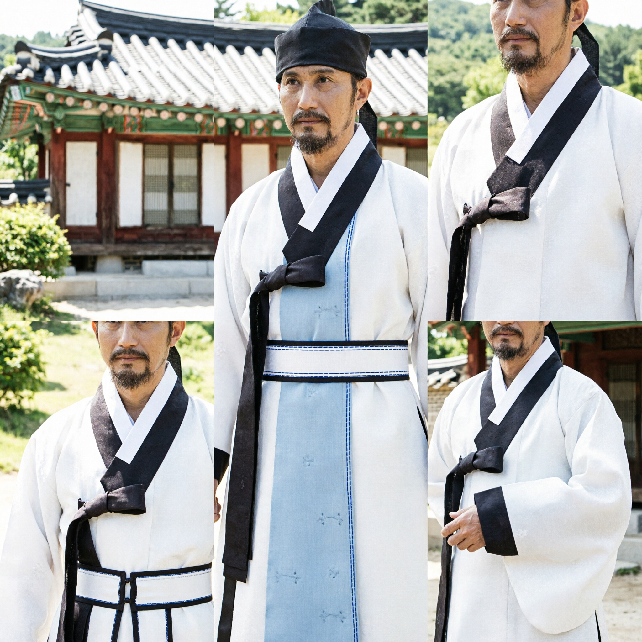 Traditional Korean Hanbok Men's White Dopo Robe Black Trim Scholar Costume for Wedding Ceremony - Asian Costume