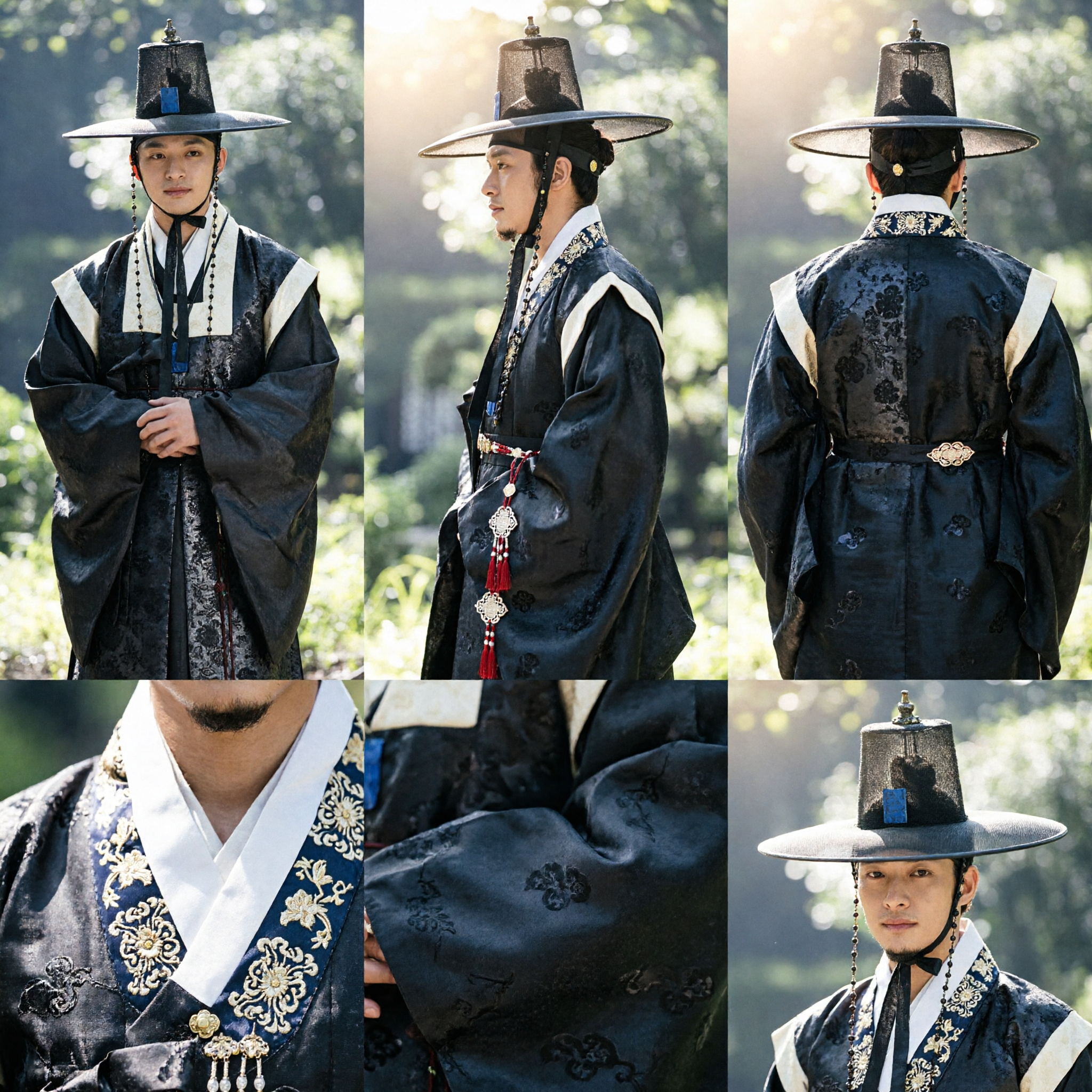 Men's Traditional Korean Hanbok Black Scholar Robe and Gat Hat Set for Wedding or Cosplay - Asian Costume