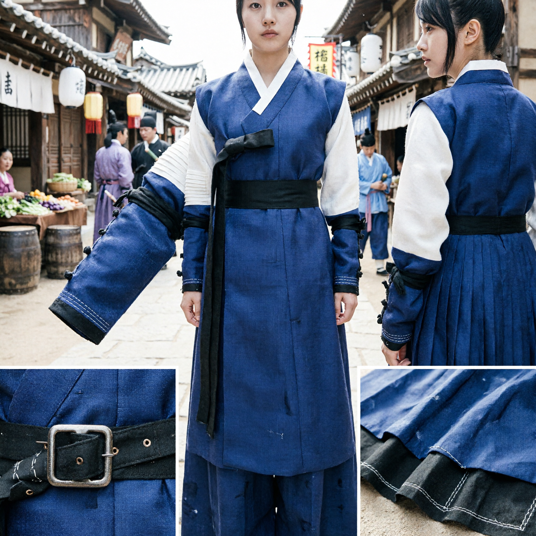Traditional Korean Hanbok Warrior Costume Blue Black Swordsman Outfit for Women Historical Drama Cosplay - Asian Costume
