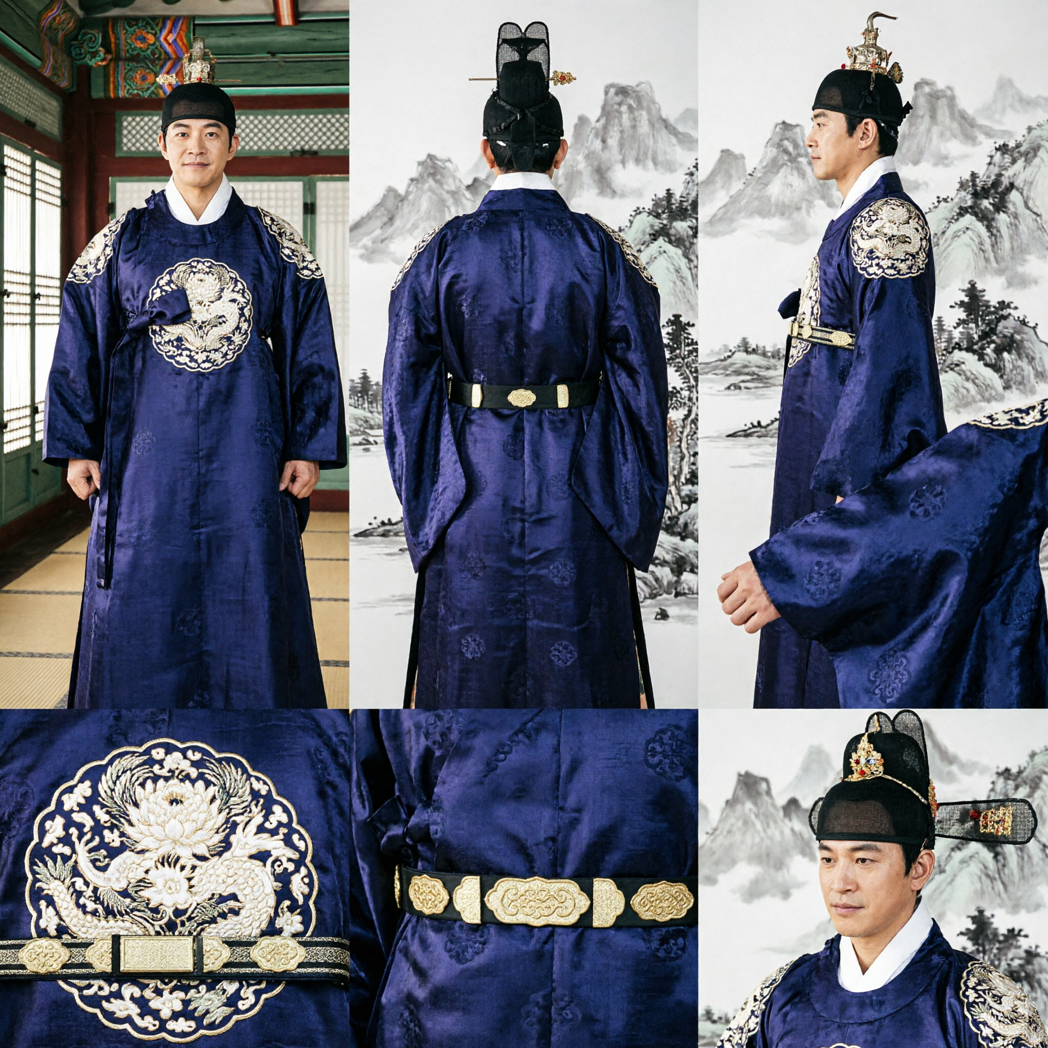 Men's Traditional Korean Hanbok Royal King Costume Dark Blue Joseon Dynasty Dragon Robe for Historical Drama - Asian Costume