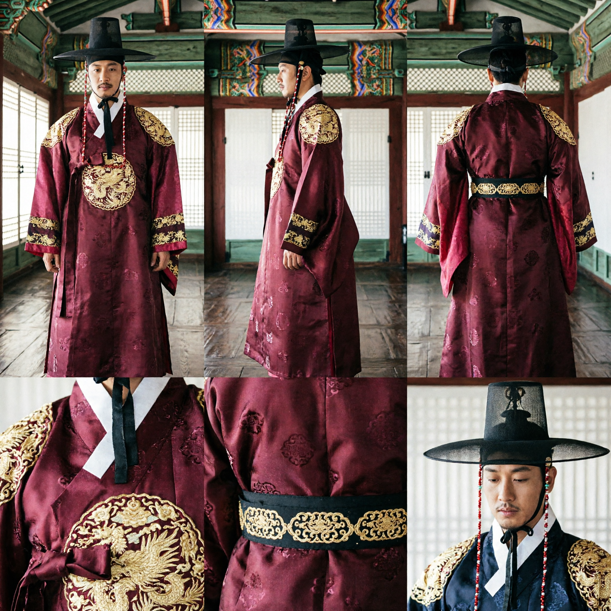 Traditional Korean Men's Hanbok Red Official Robe with Black Gat Hat for Wedding or Historical Cosplay - Asian Costume