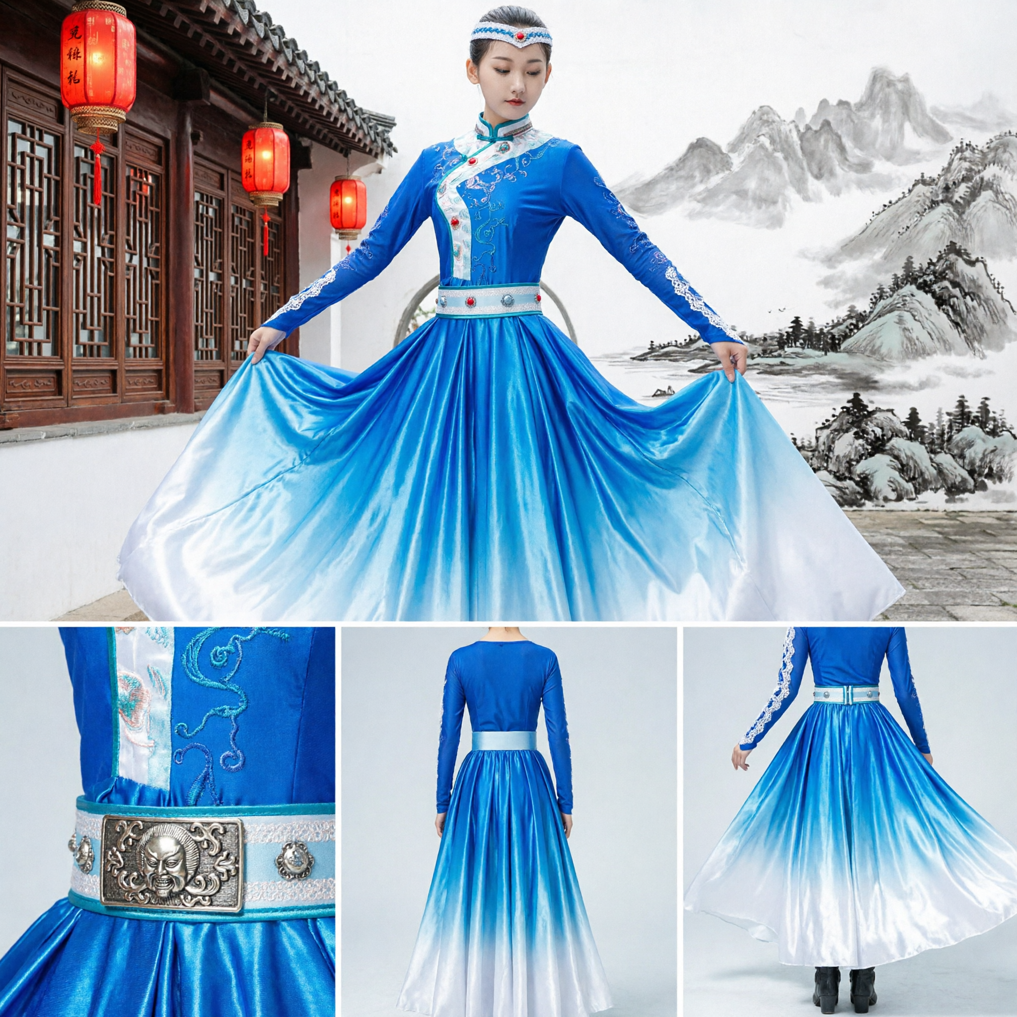 Traditional Blue Mongolian Dance Costume for Women Ethnic Folk Dress Stage Performance Outfit with Headpiece - Asian Costume